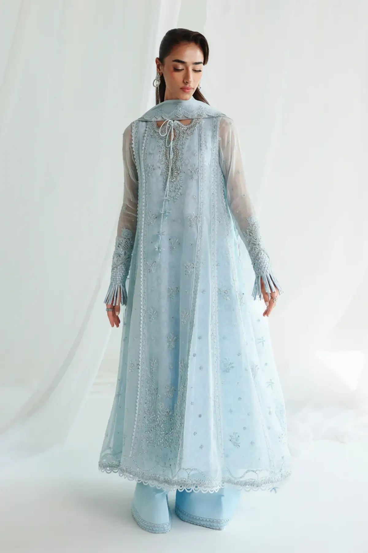 QCC-08 Sona ice blue embroidered chiffon stitched 3PC suit with handmade panels, pearl detailing and embroidered chiffon dupatta