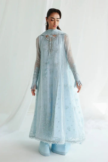 QCC-08 Sona ice blue embroidered chiffon stitched 3PC suit with handmade panels, pearl detailing and embroidered chiffon dupatta