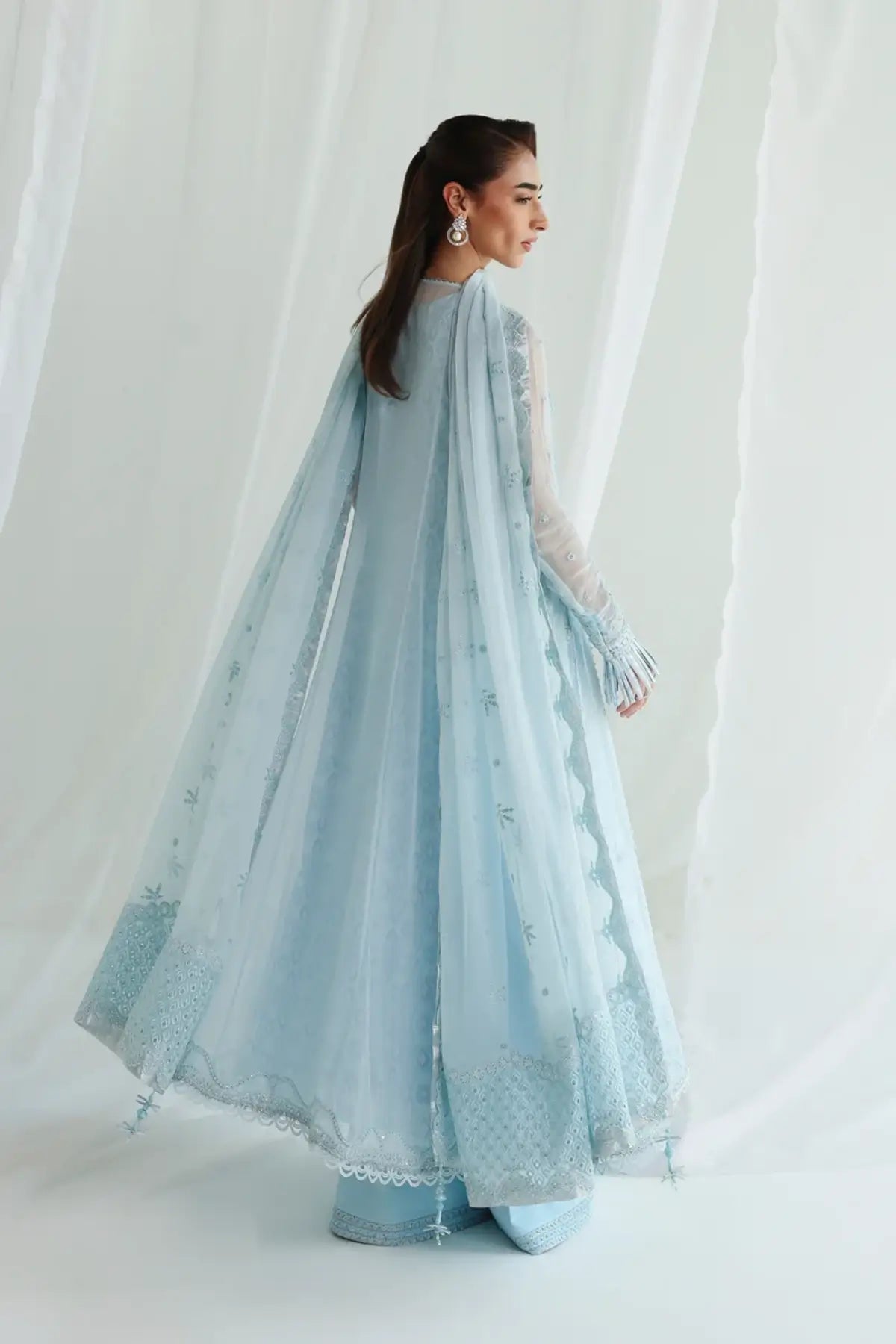 QCC-08 Sona ice blue embroidered chiffon stitched 3PC suit with handmade panels, pearl detailing and embroidered chiffon dupatta