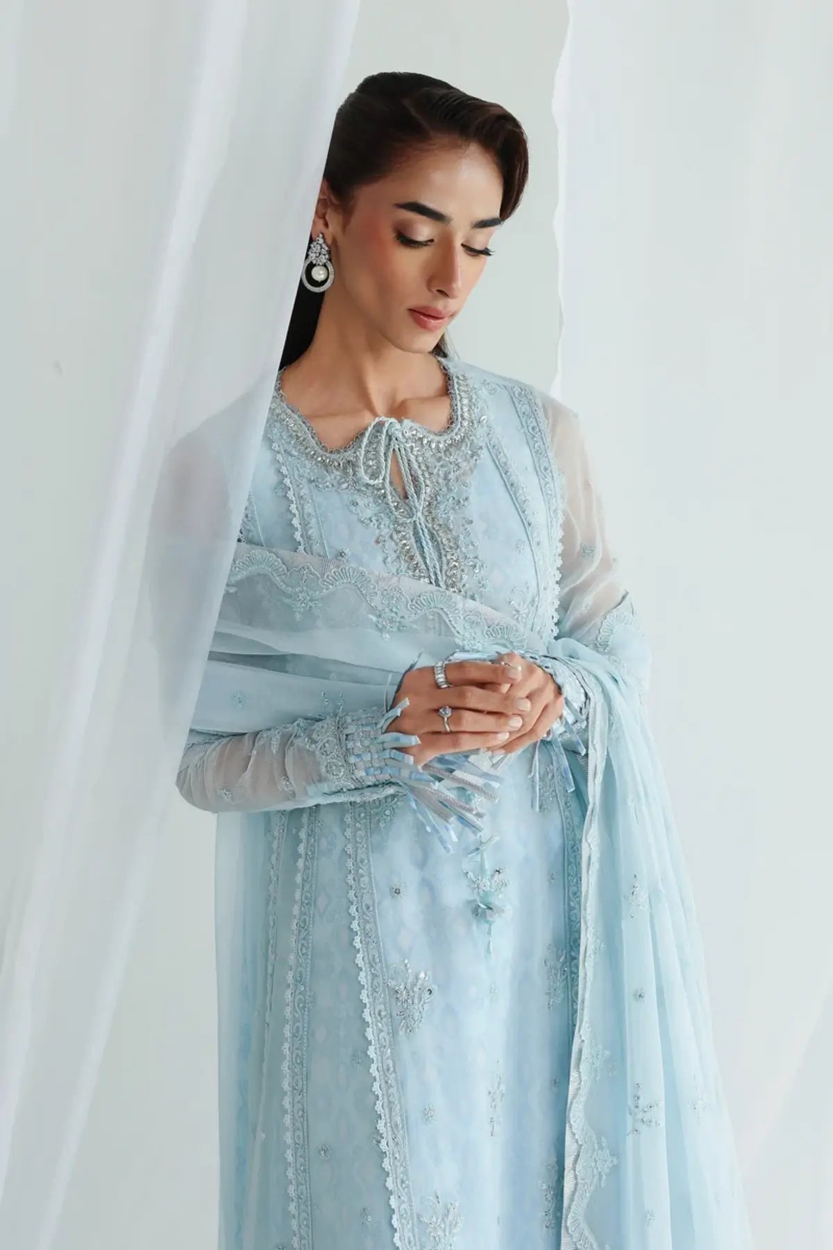 QCC-08 Sona ice blue embroidered chiffon stitched 3PC suit with handmade panels, pearl detailing and embroidered chiffon dupatta