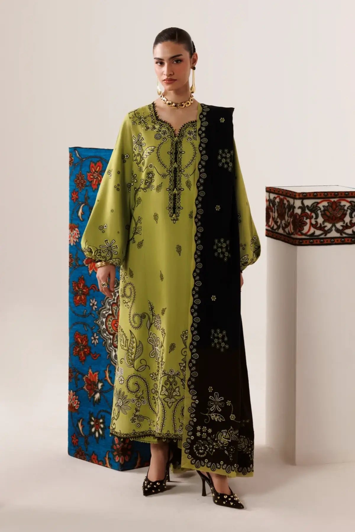QLW-01 Amarah – Olive Green Embroidered Linen Stitched Suit