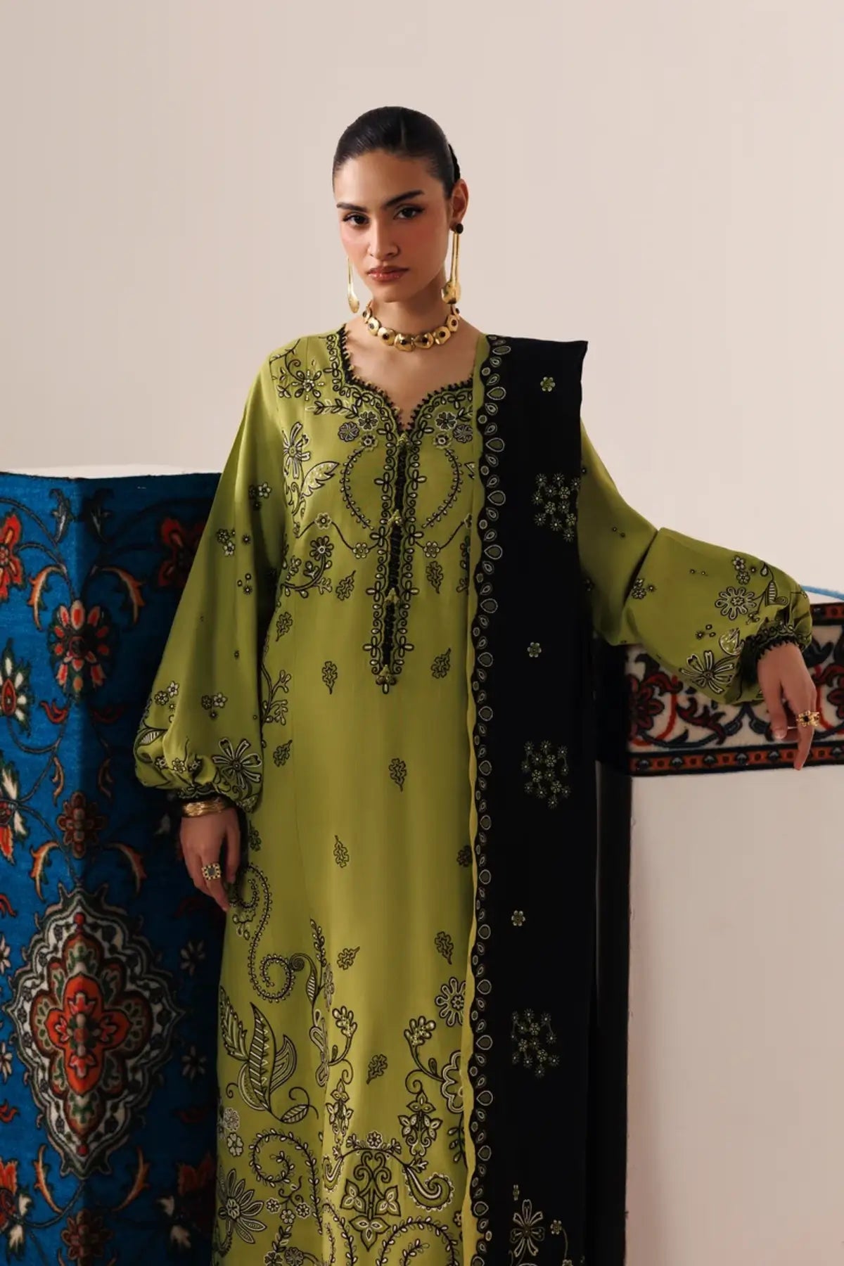 QLW-01 Amarah – Olive Green Embroidered Linen Stitched Suit