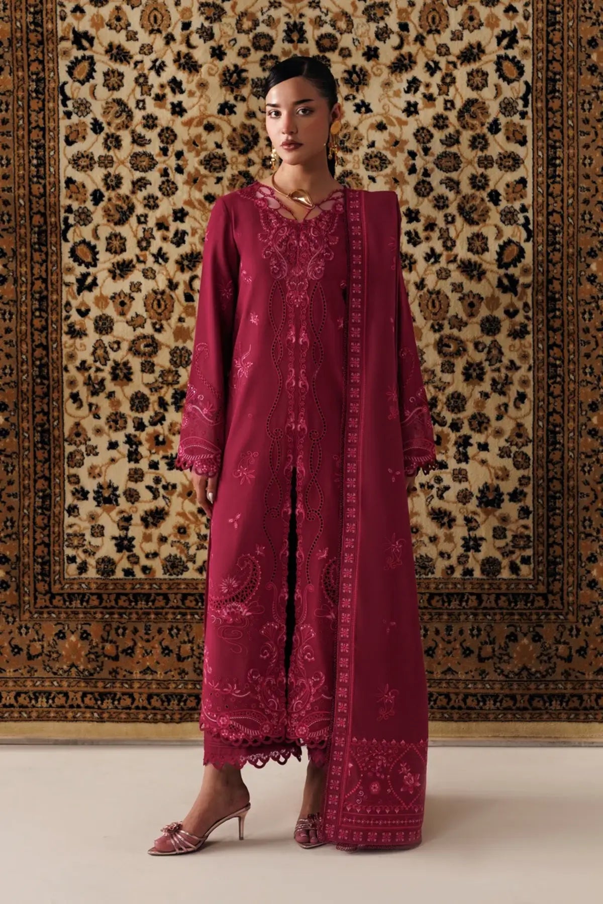 Qalamkar QLW-02 Aleena magenta embroidered linen stitched suit with Karandi shawl