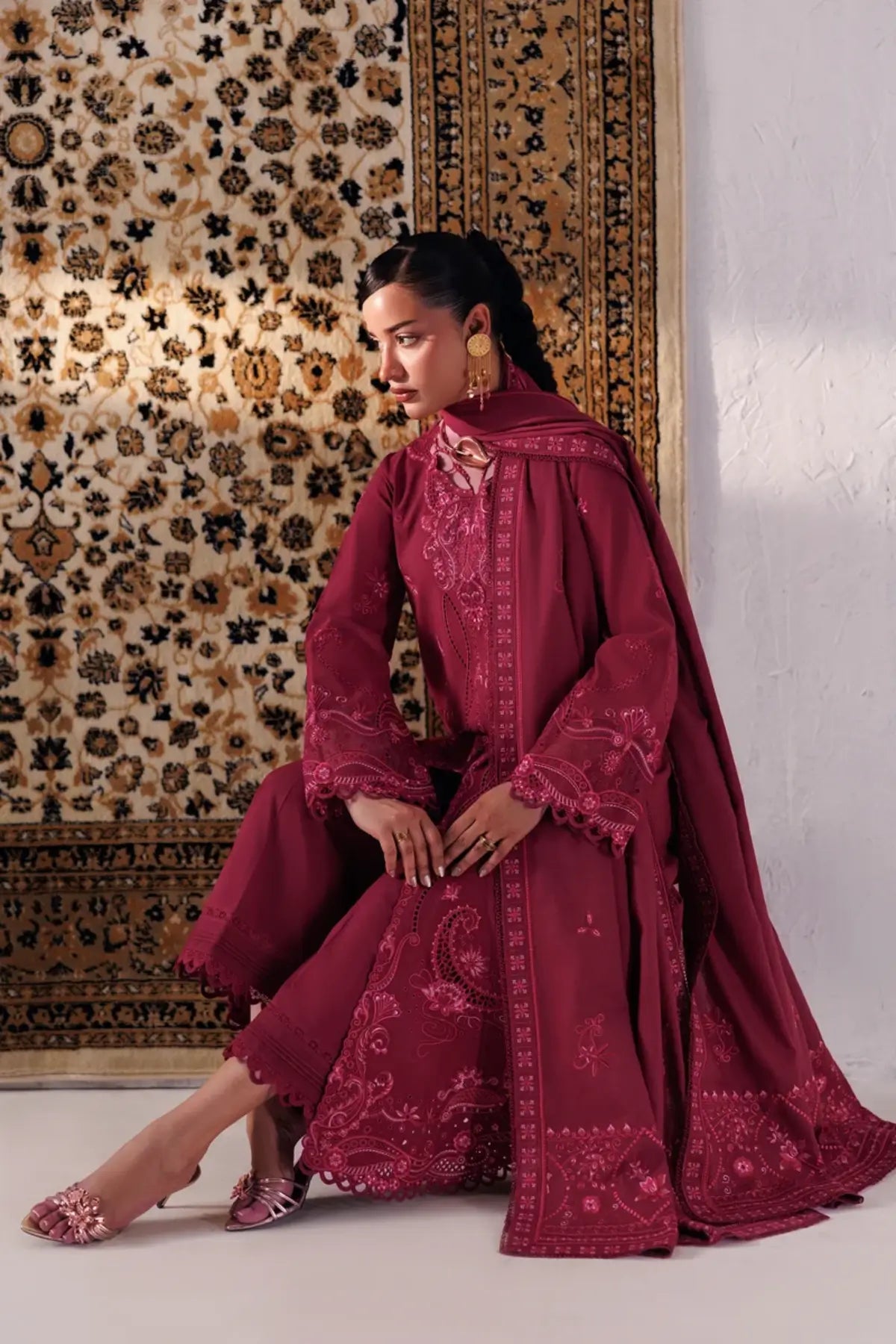 Qalamkar QLW-02 Aleena magenta embroidered linen stitched suit with Karandi shawl