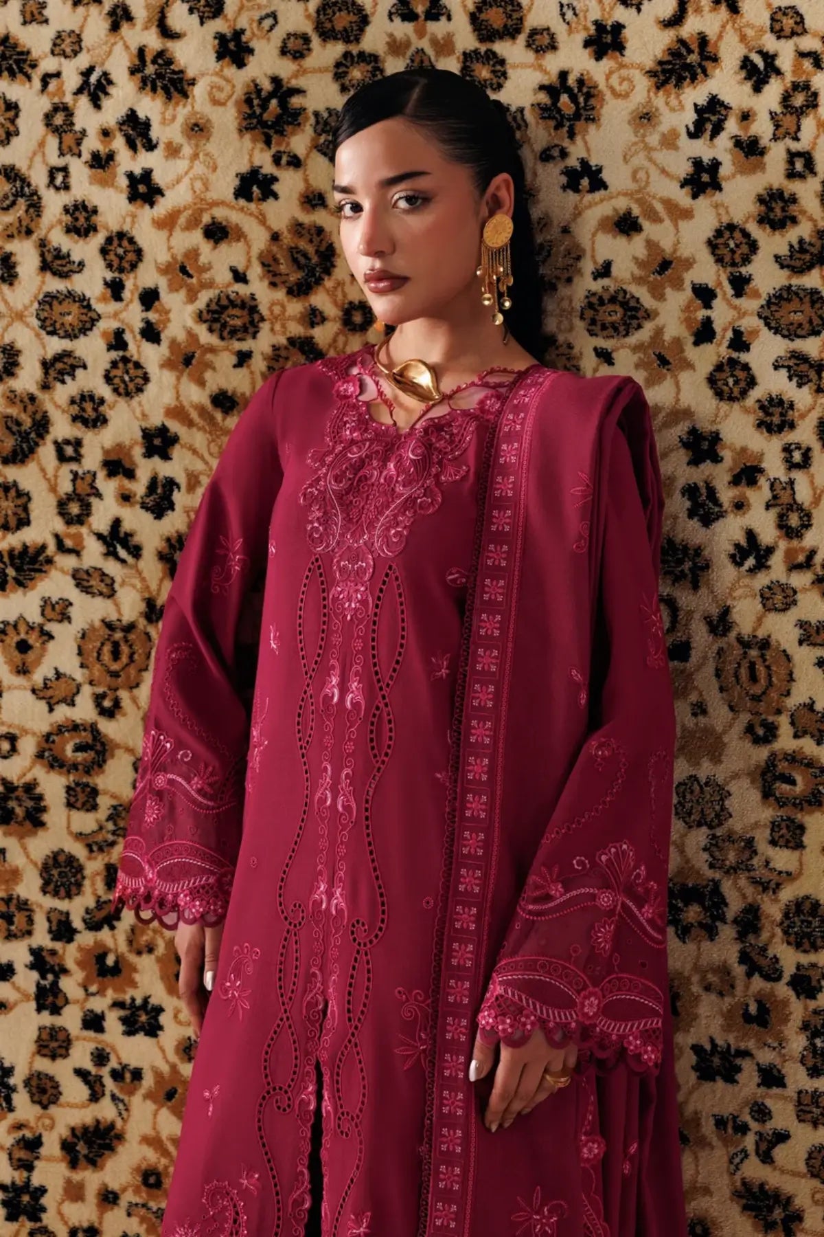 Qalamkar QLW-02 Aleena magenta embroidered linen stitched suit with Karandi shawl