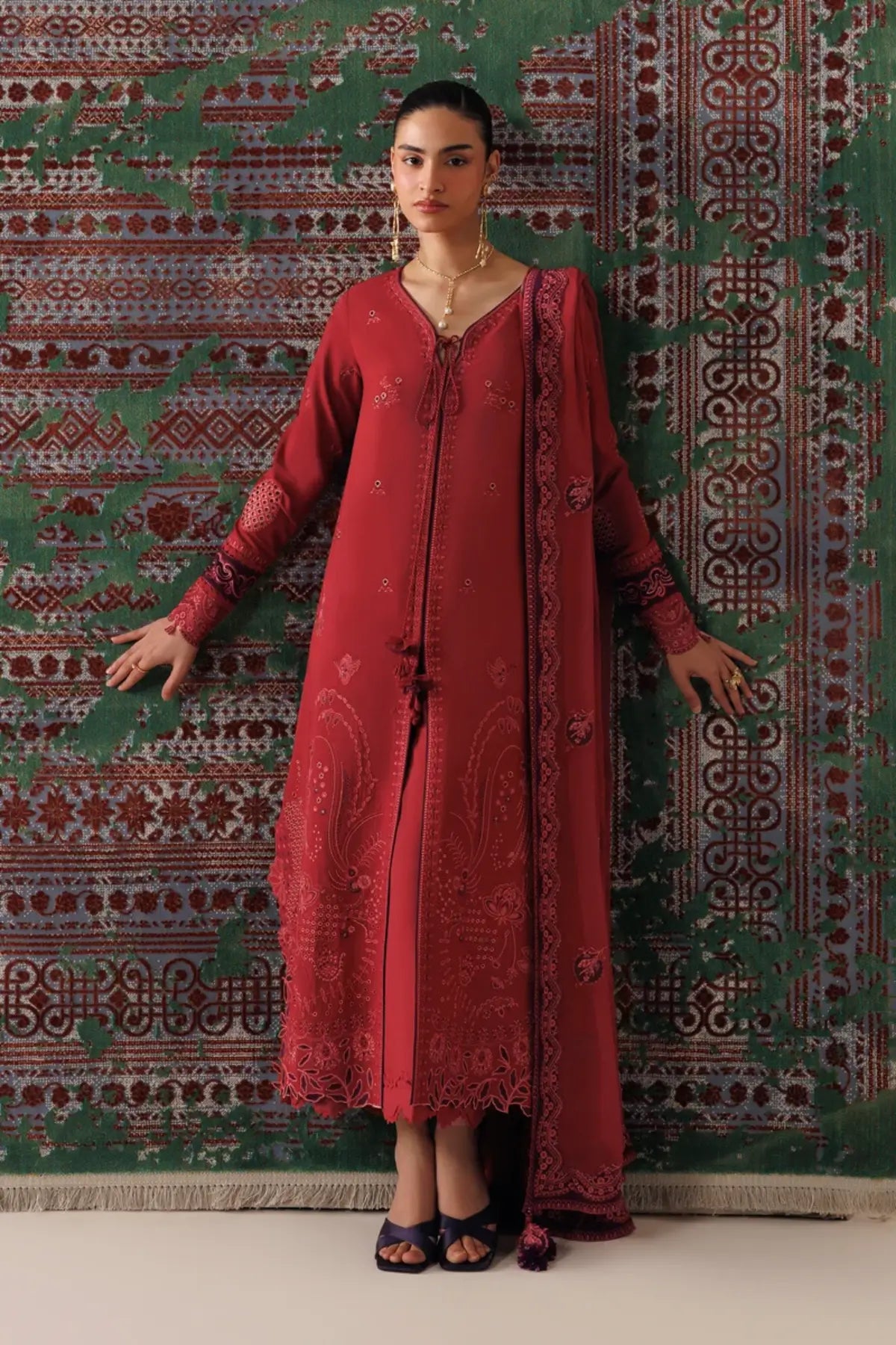 Qalamkar QLW-03 Zaira deep rust embroidered linen stitched 3PC suit with chiffon dupatta