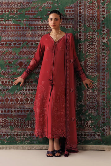 Qalamkar QLW-03 Zaira deep rust embroidered linen stitched 3PC suit with chiffon dupatta