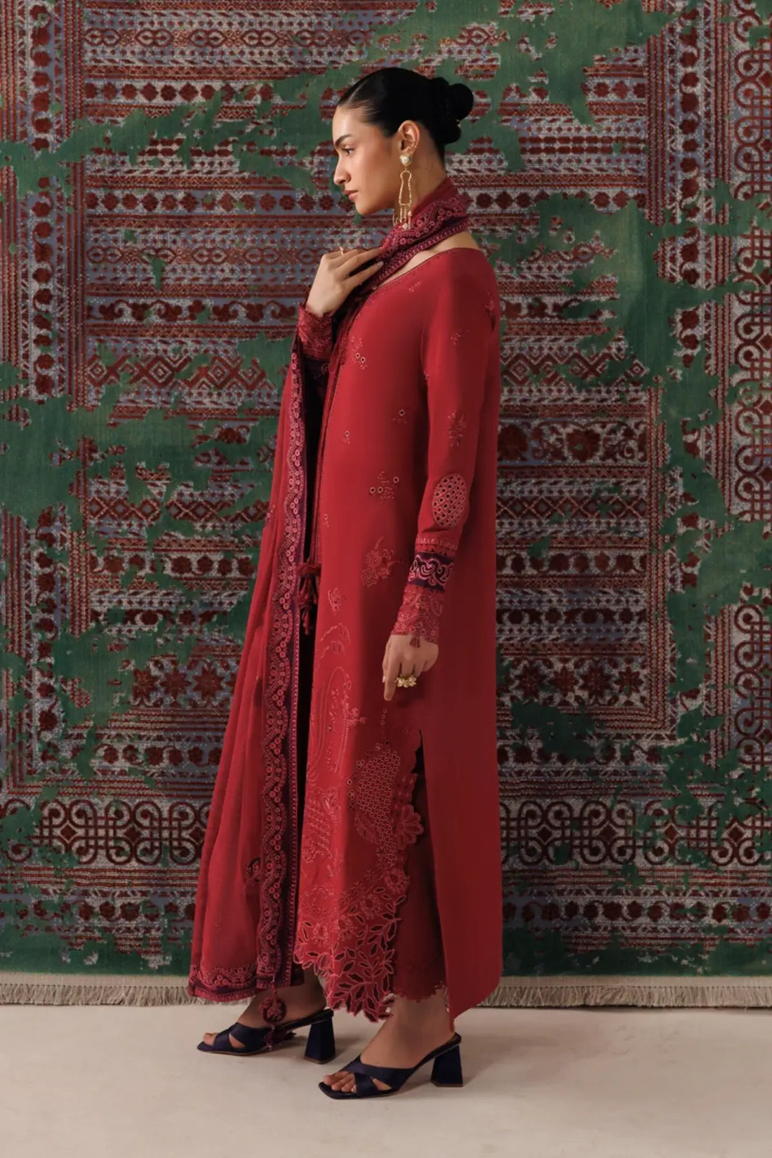 Qalamkar QLW-03 Zaira deep rust embroidered linen stitched 3PC suit with chiffon dupatta