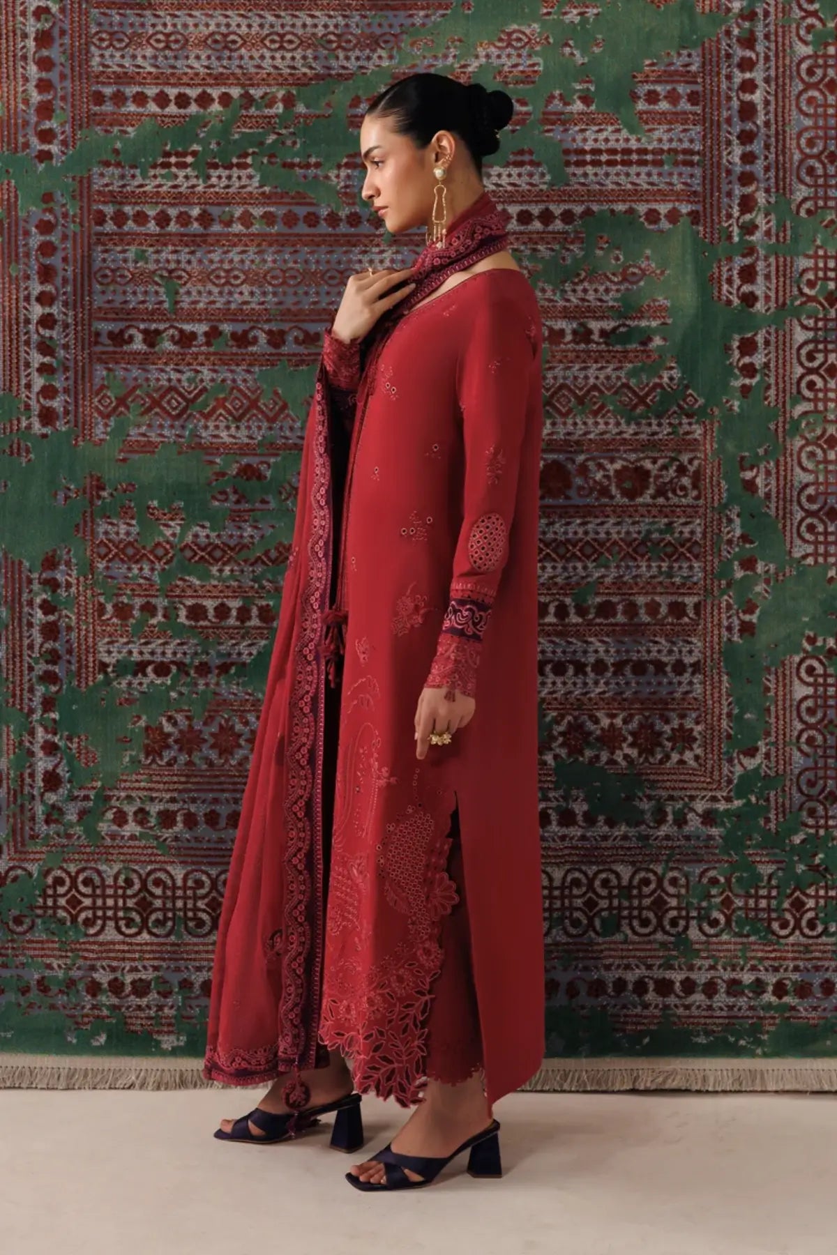Qalamkar QLW-03 Zaira deep rust embroidered linen stitched 3PC suit with chiffon dupatta