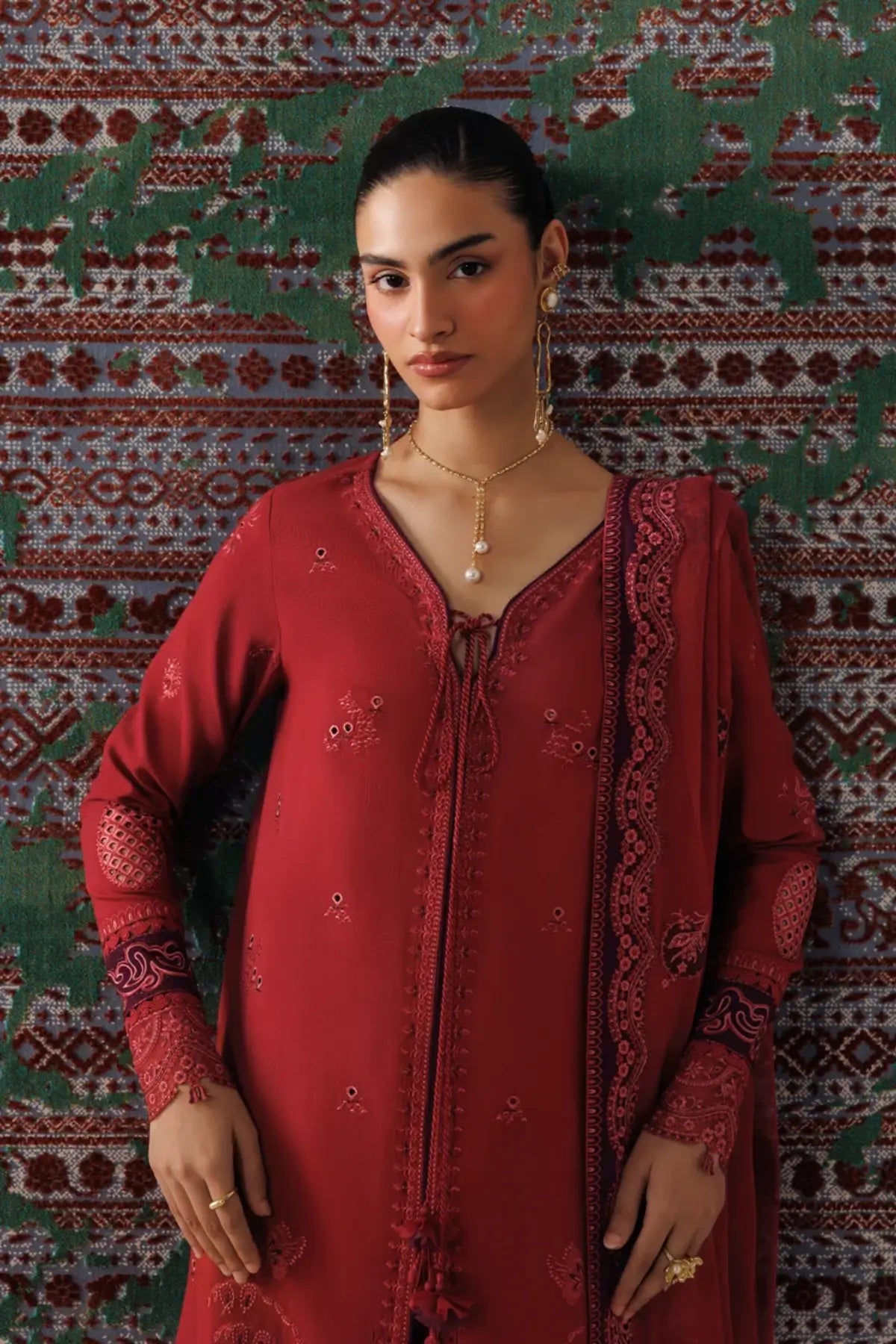Qalamkar QLW-03 Zaira deep rust embroidered linen stitched 3PC suit with chiffon dupatta