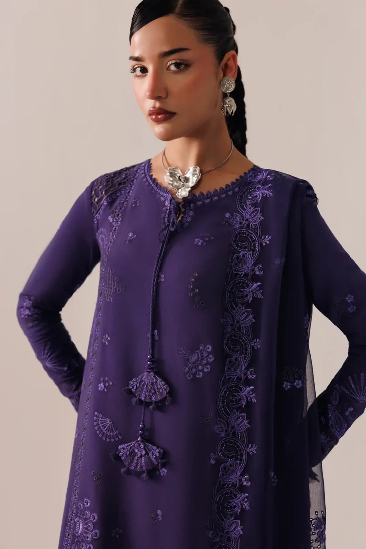 Qalamkar QLW-05 Zeemal purple embroidered linen stitched 3 piece suit with chiffon dupatta