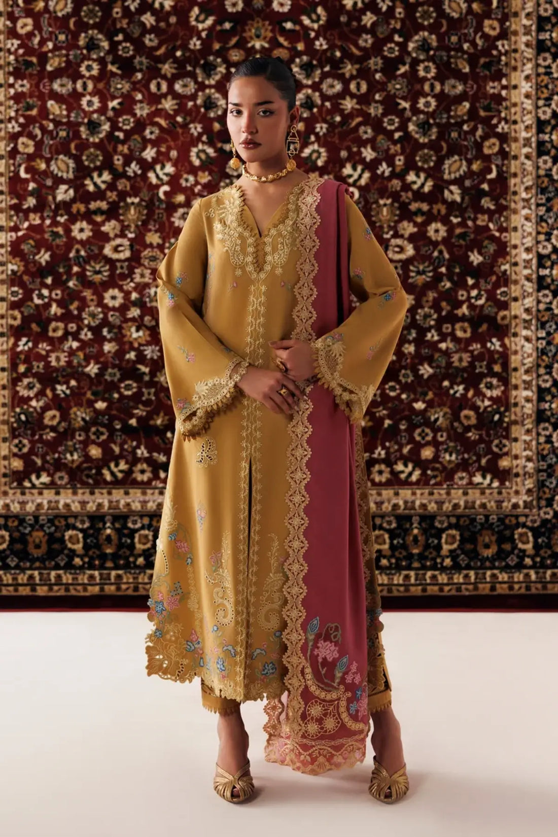 Qalamkar QLW-06 Nyra mustard embroidered linen stitched suit with contrasting Karandi shawl