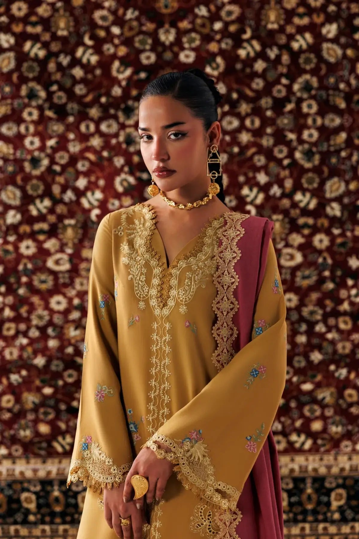 Qalamkar QLW-06 Nyra mustard embroidered linen stitched suit with contrasting Karandi shawl