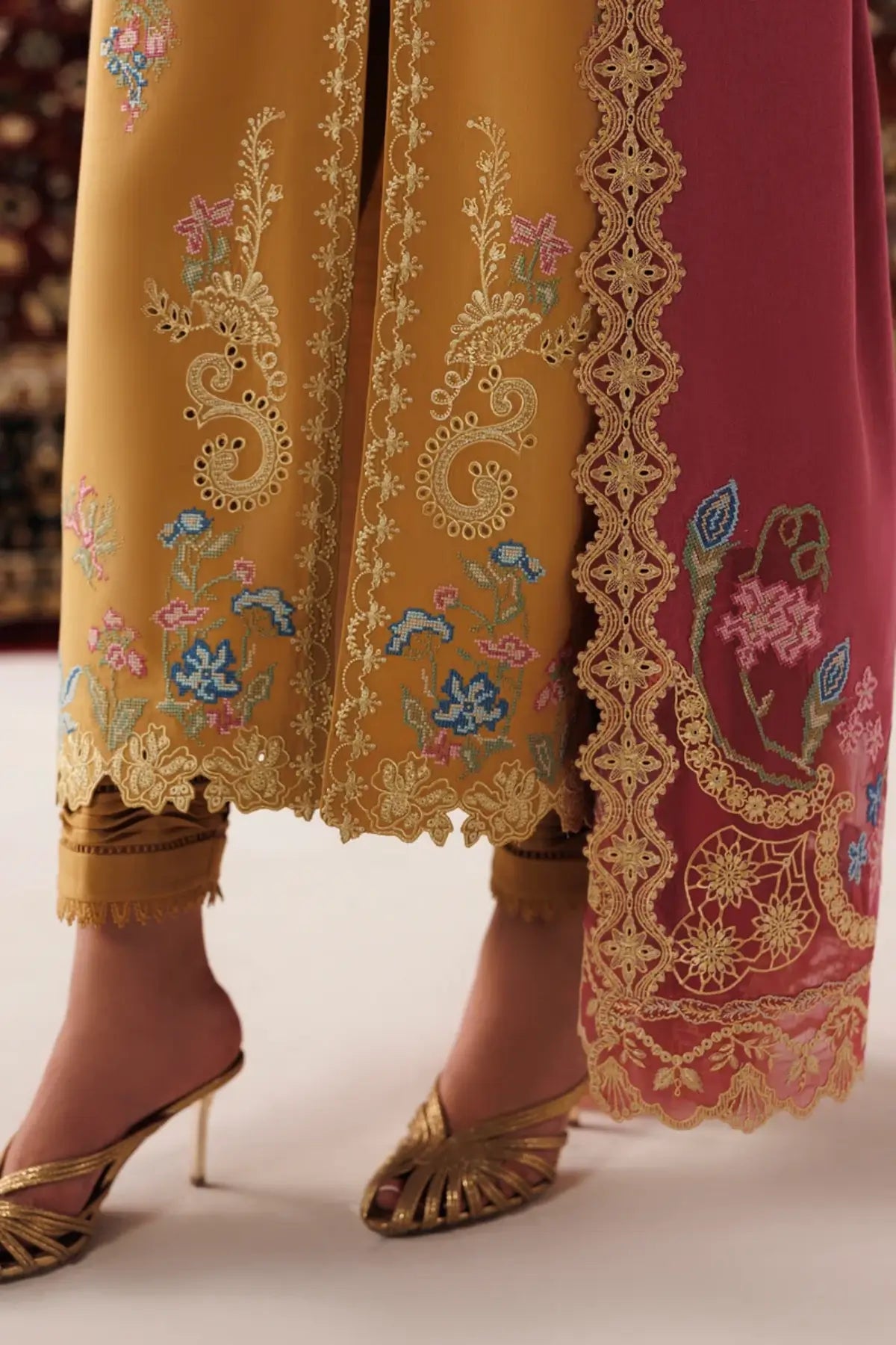 Qalamkar QLW-06 Nyra mustard embroidered linen stitched suit with contrasting Karandi shawl