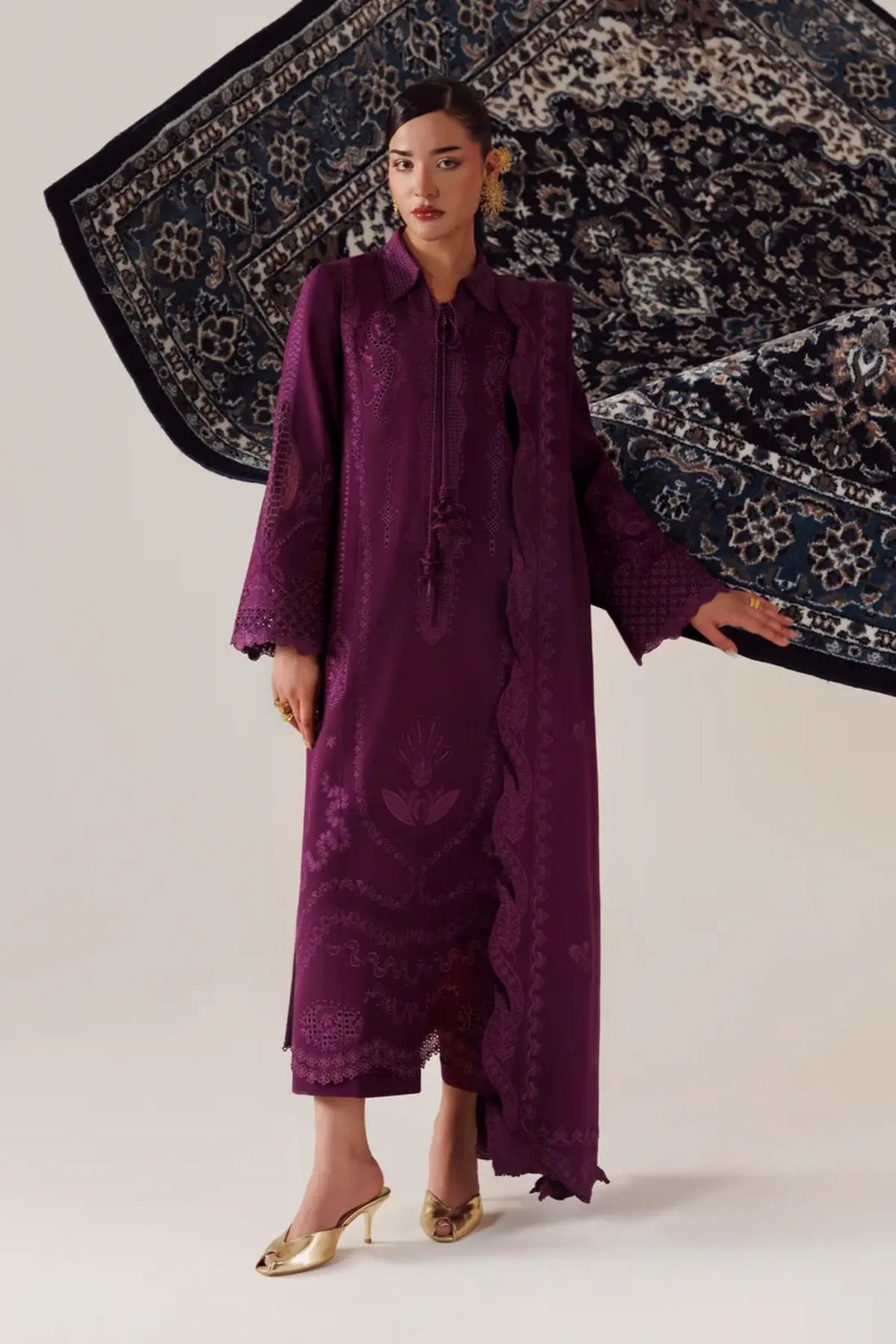 Qalamkar QLW-07 Maheen deep purple embroidered linen stitched suit with Karandi shawl