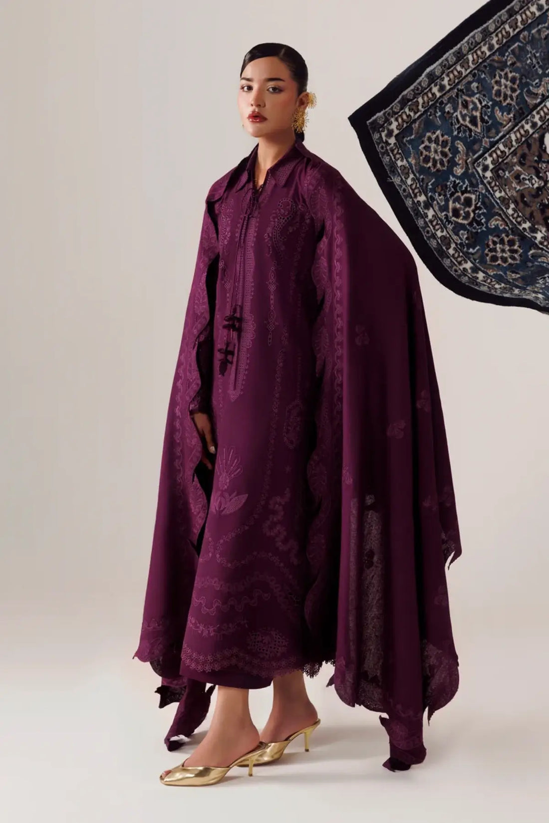 Qalamkar QLW-07 Maheen deep purple embroidered linen stitched suit with Karandi shawl