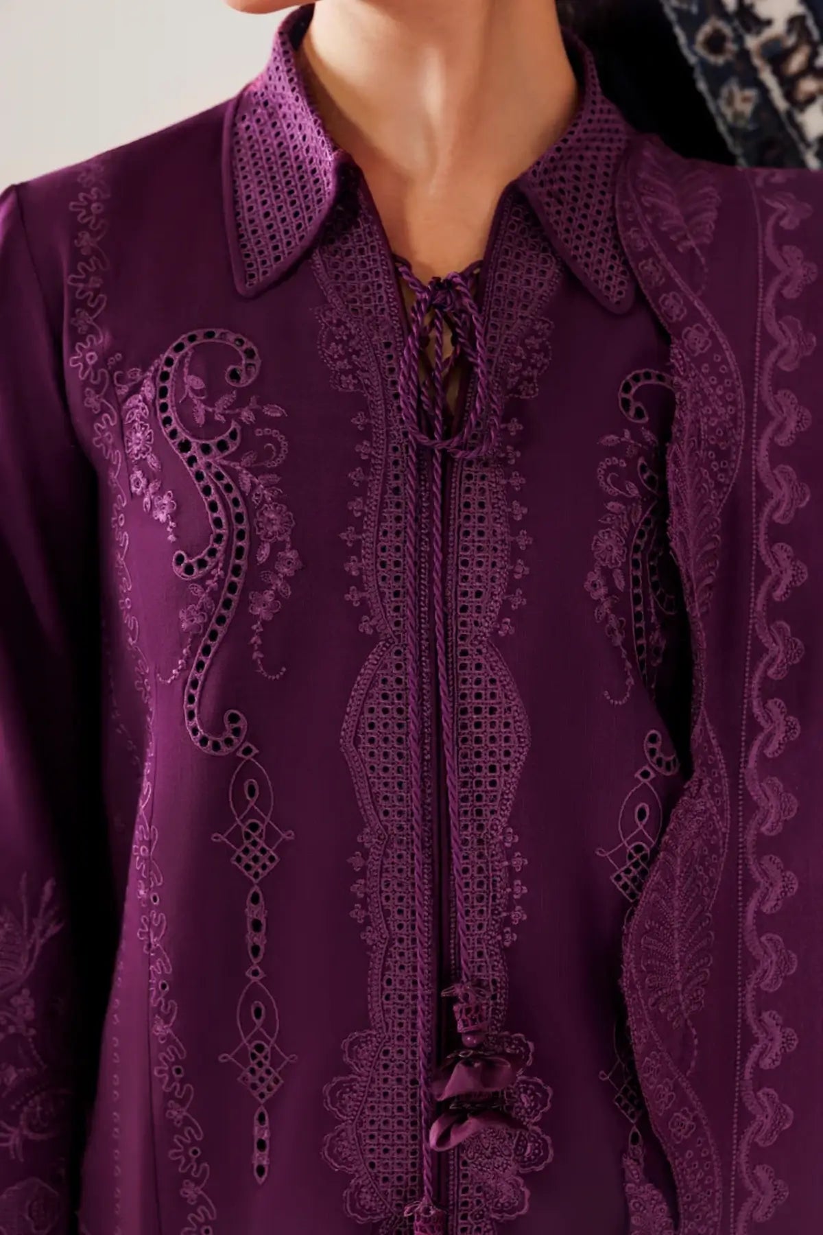 Qalamkar QLW-07 Maheen deep purple embroidered linen stitched suit with Karandi shawl