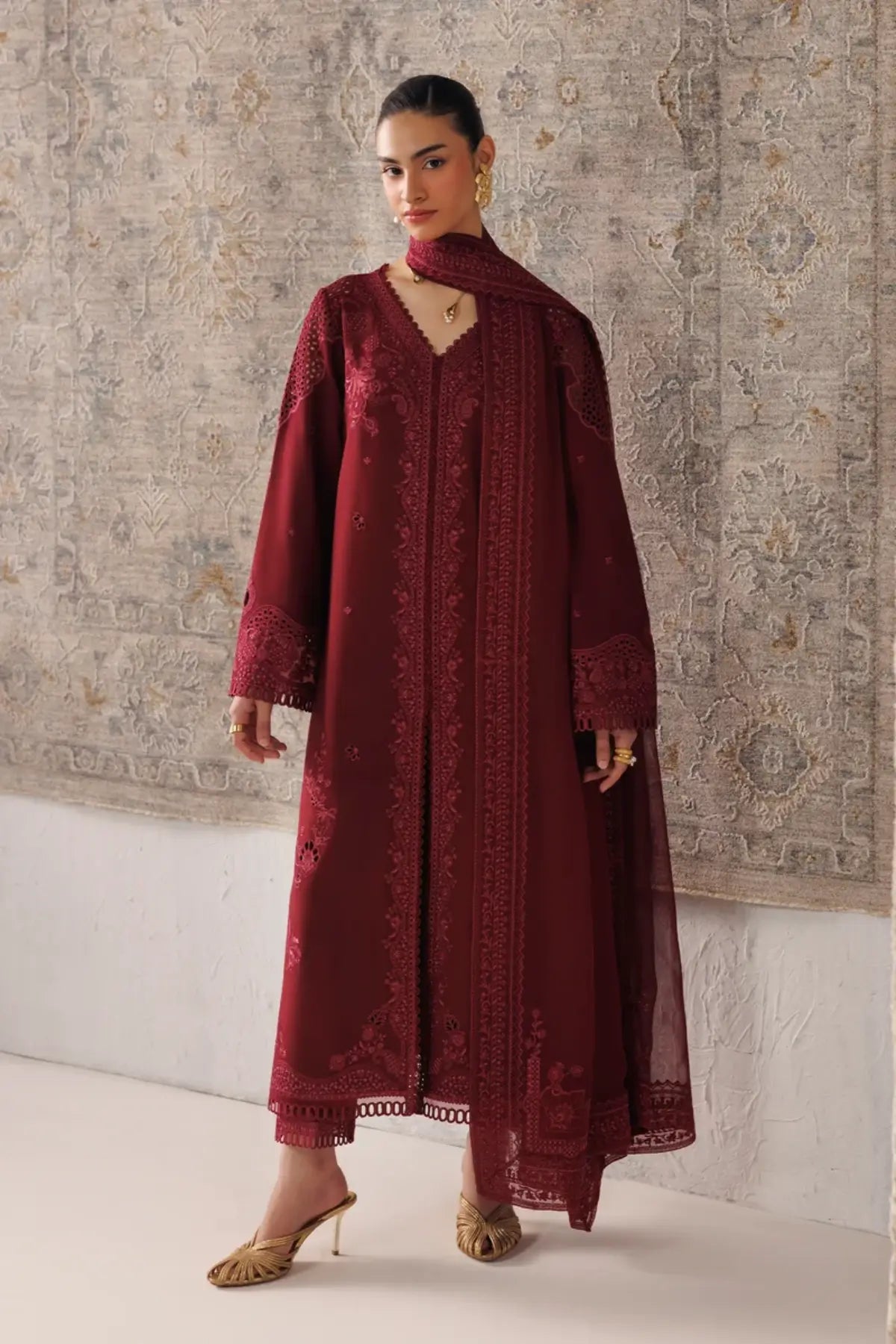 Qalamkar QLW-08 Neirah burgundy embroidered linen stitched 3PC suit with chiffon dupatta