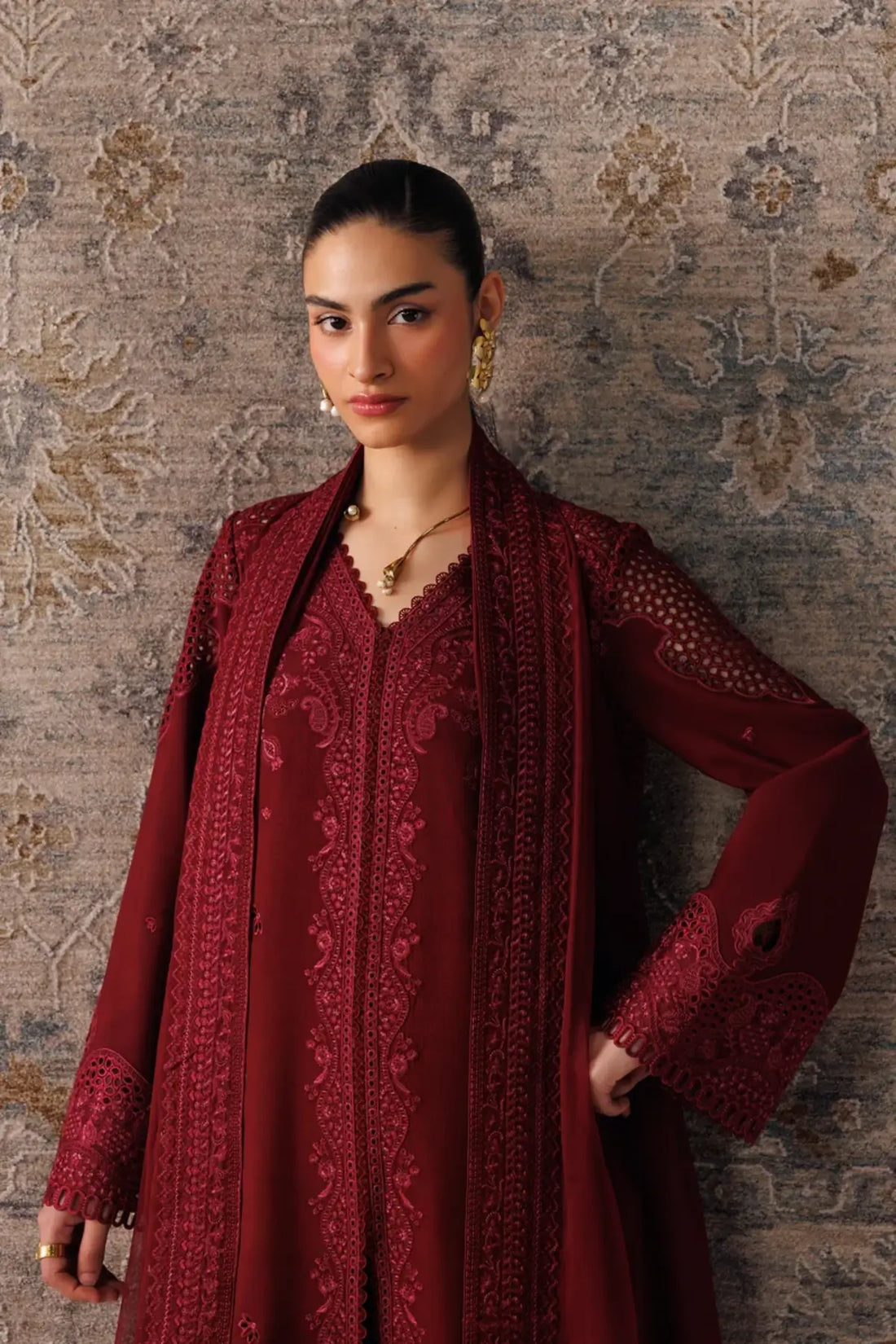 Qalamkar QLW-08 Neirah burgundy embroidered linen stitched 3PC suit with chiffon dupatta