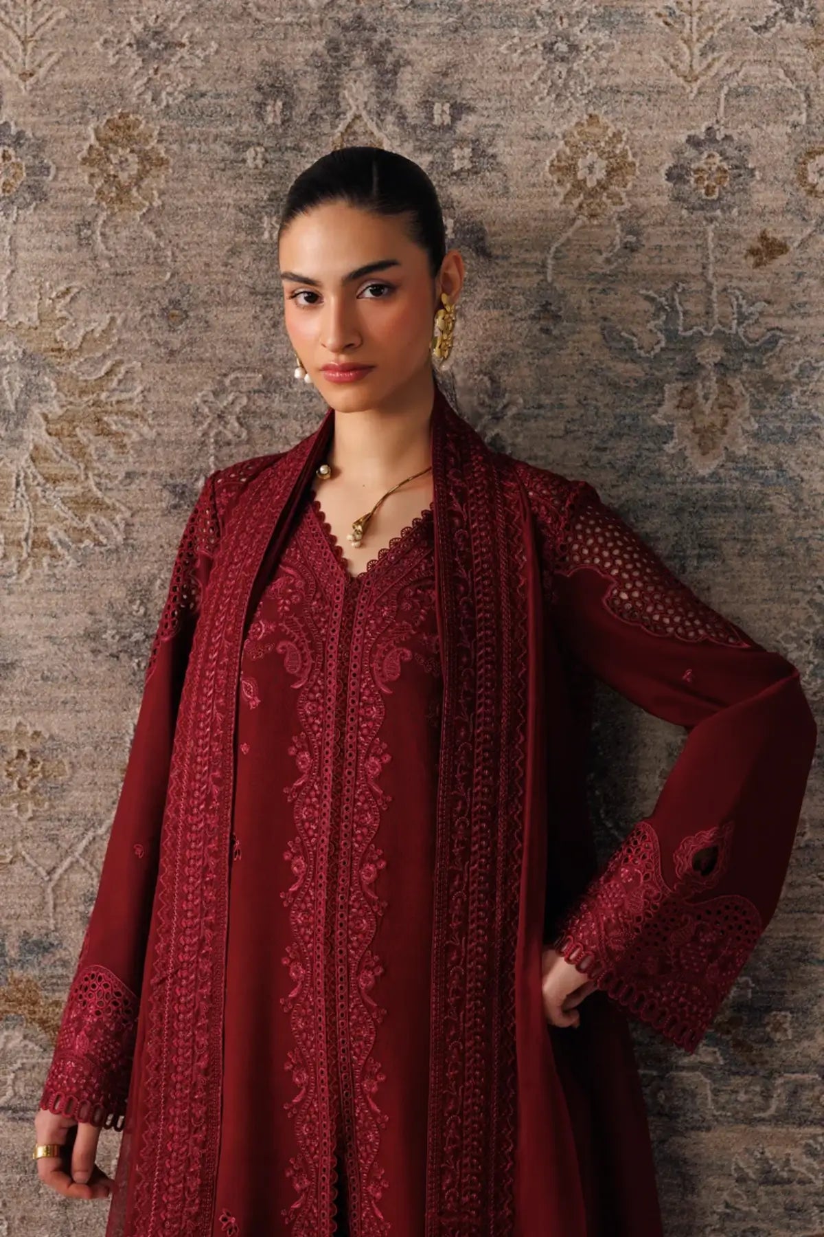 Qalamkar QLW-08 Neirah burgundy embroidered linen stitched 3PC suit with chiffon dupatta