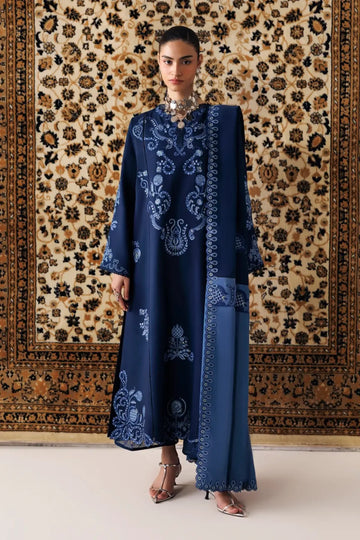 Qalamkar QLW-10 Seran navy blue embroidered linen stitched 3PC suit with linen shawl