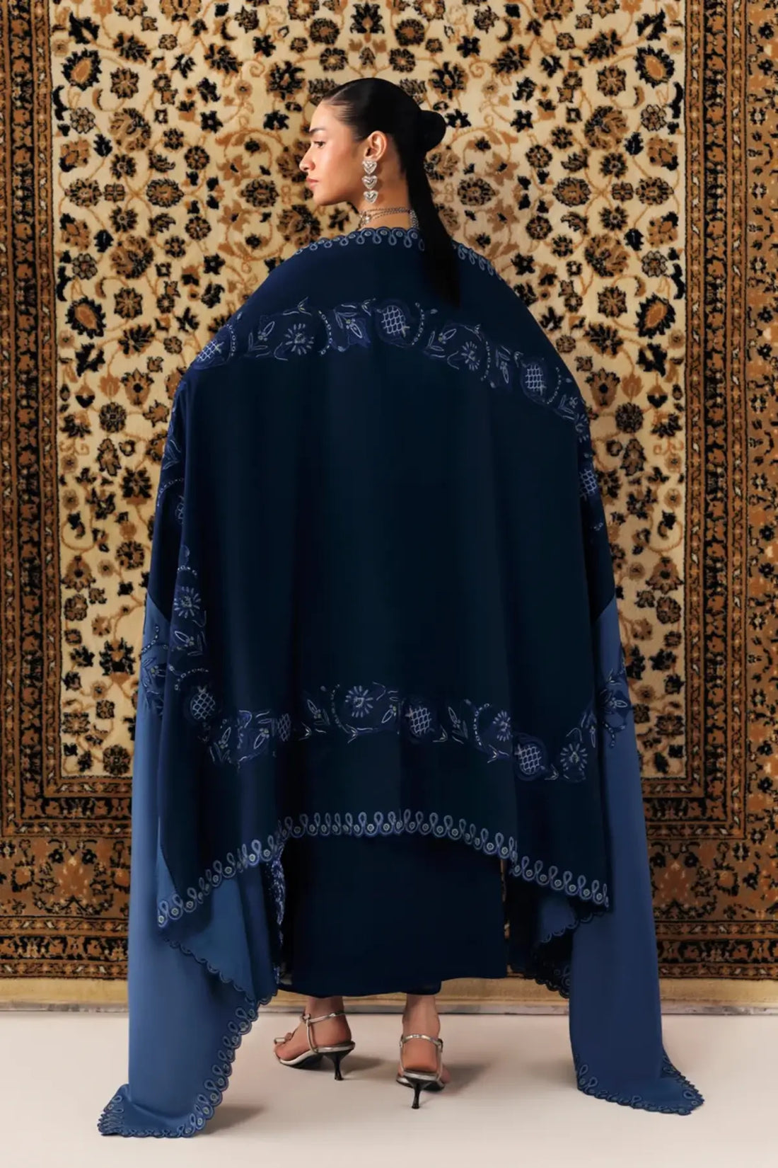 Qalamkar QLW-10 Seran navy blue embroidered linen stitched 3PC suit with linen shawl
