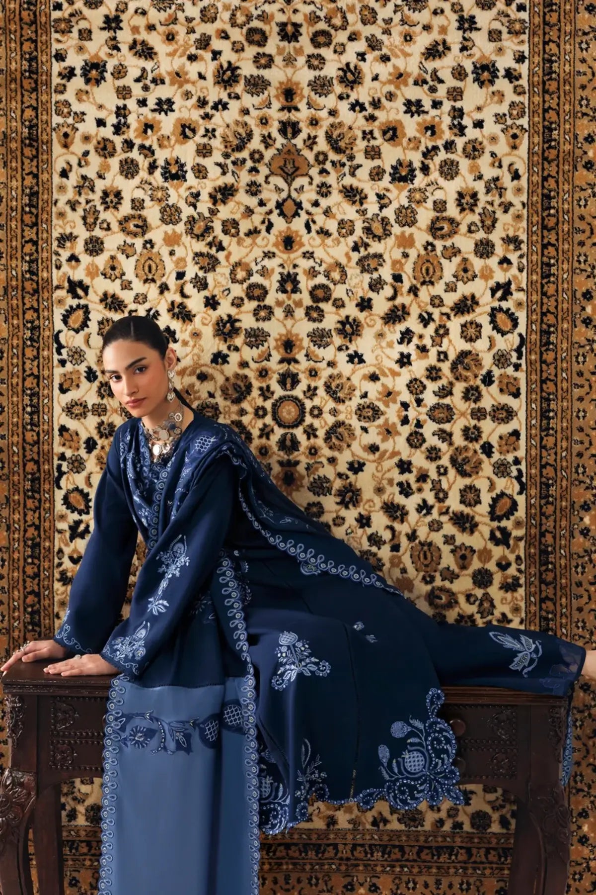 Qalamkar QLW-10 Seran navy blue embroidered linen stitched 3PC suit with linen shawl
