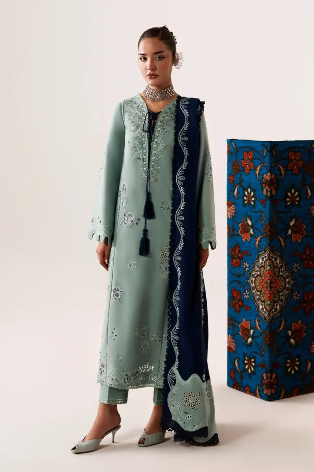 Qalamkar QLW-11 Taliya sage green embroidered linen stitched suit with navy Karandi shawl