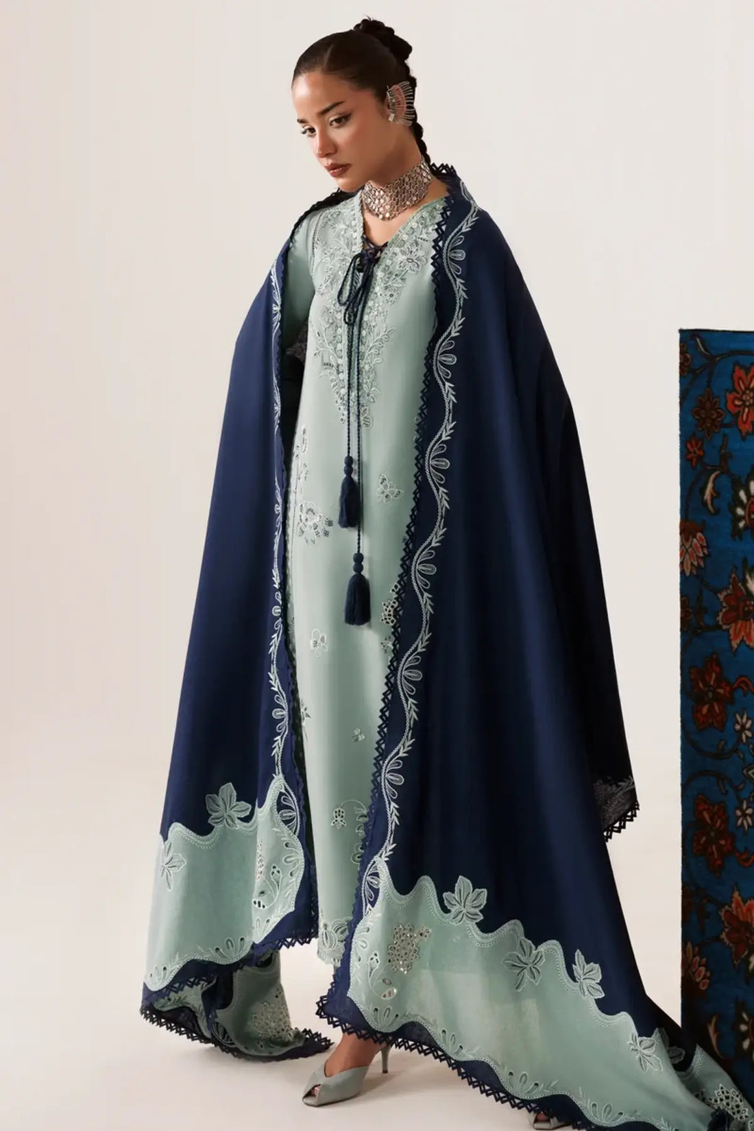Qalamkar QLW-11 Taliya sage green embroidered linen stitched suit with navy Karandi shawl