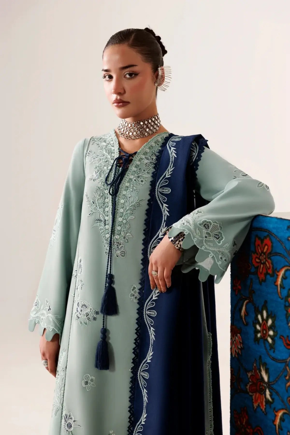 Qalamkar QLW-11 Taliya sage green embroidered linen stitched suit with navy Karandi shawl