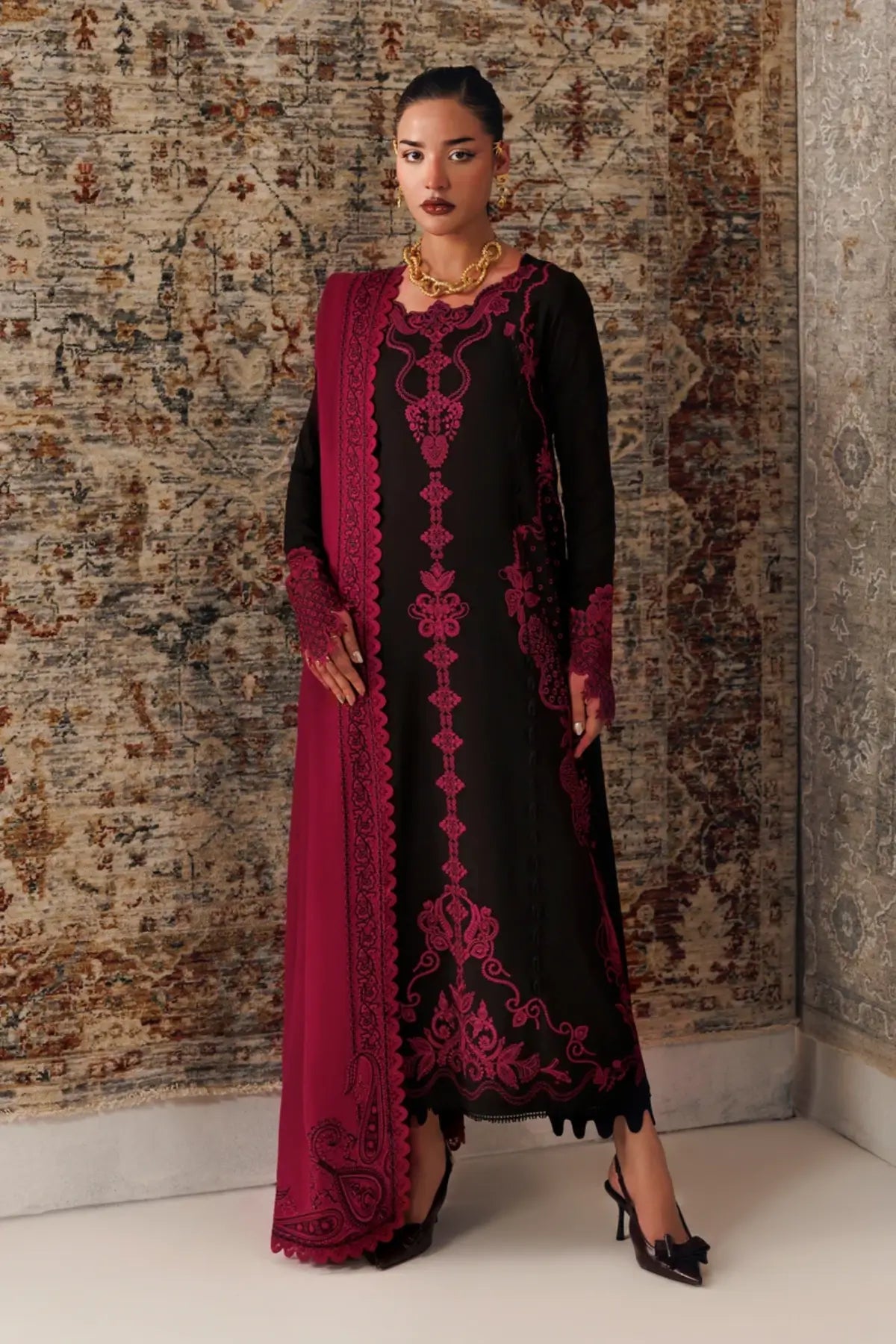 Qalamkar QLW-12 Yani black and magenta embroidered linen stitched suit with Karandi shawl