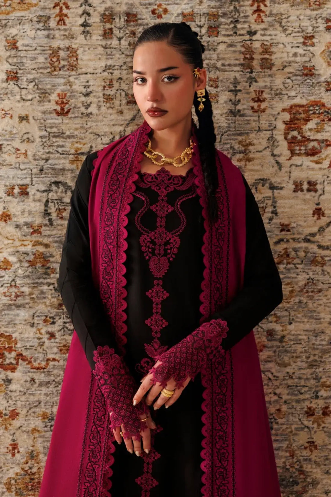 Qalamkar QLW-12 Yani black and magenta embroidered linen stitched suit with Karandi shawl