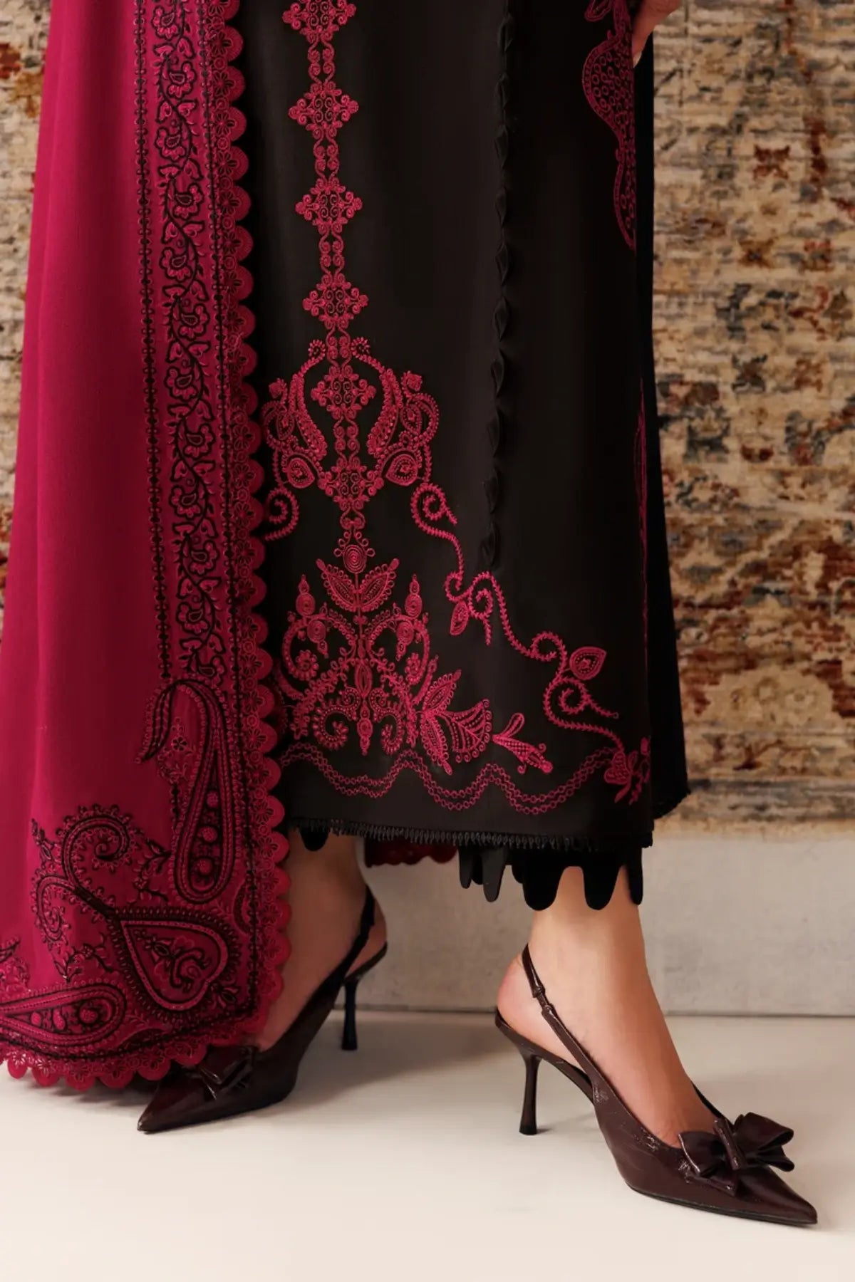 Qalamkar QLW-12 Yani black and magenta embroidered linen stitched suit with Karandi shawl