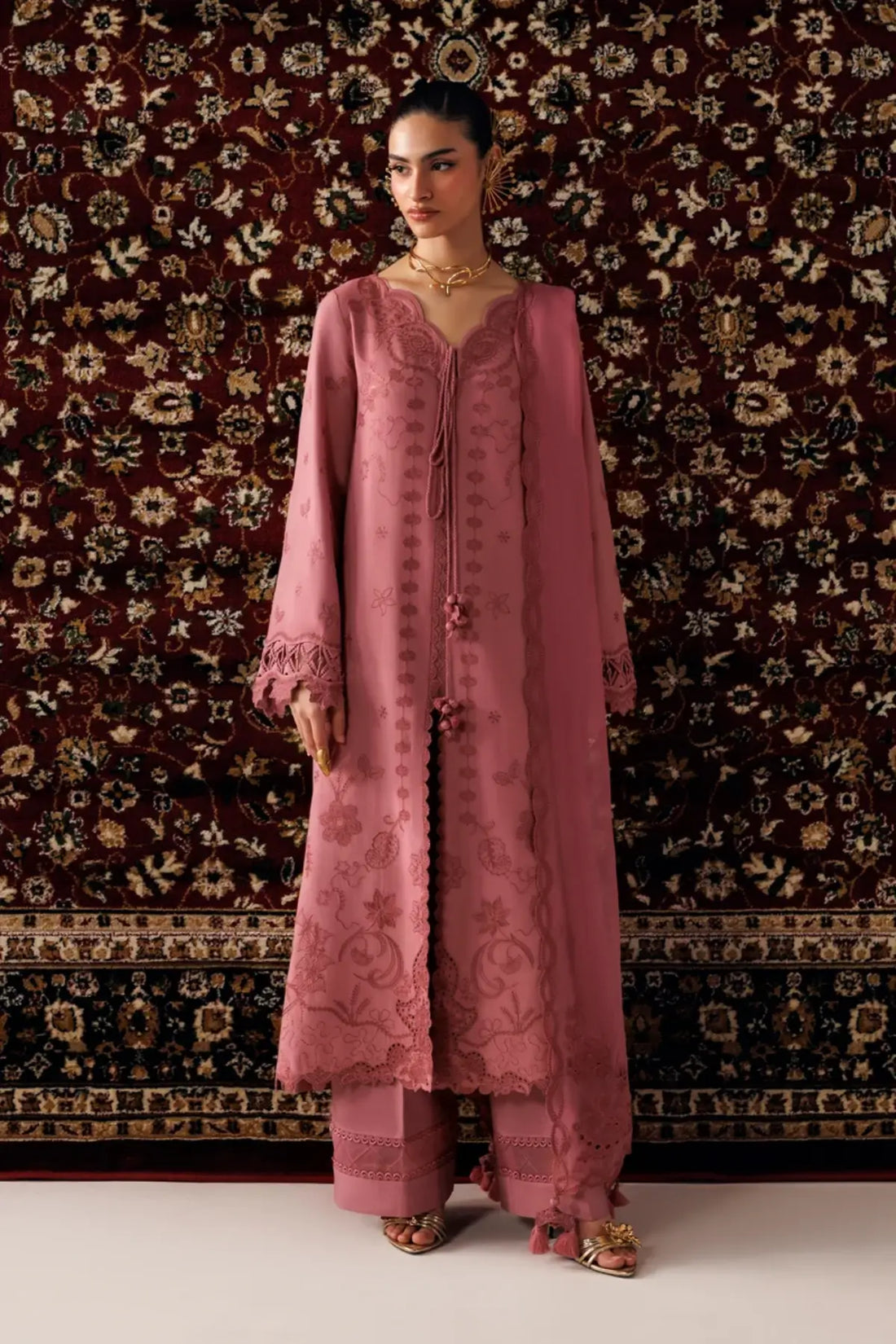 Qalamkar QLW-13 Daniya dusty rose embroidered linen stitched suit with chiffon dupatta