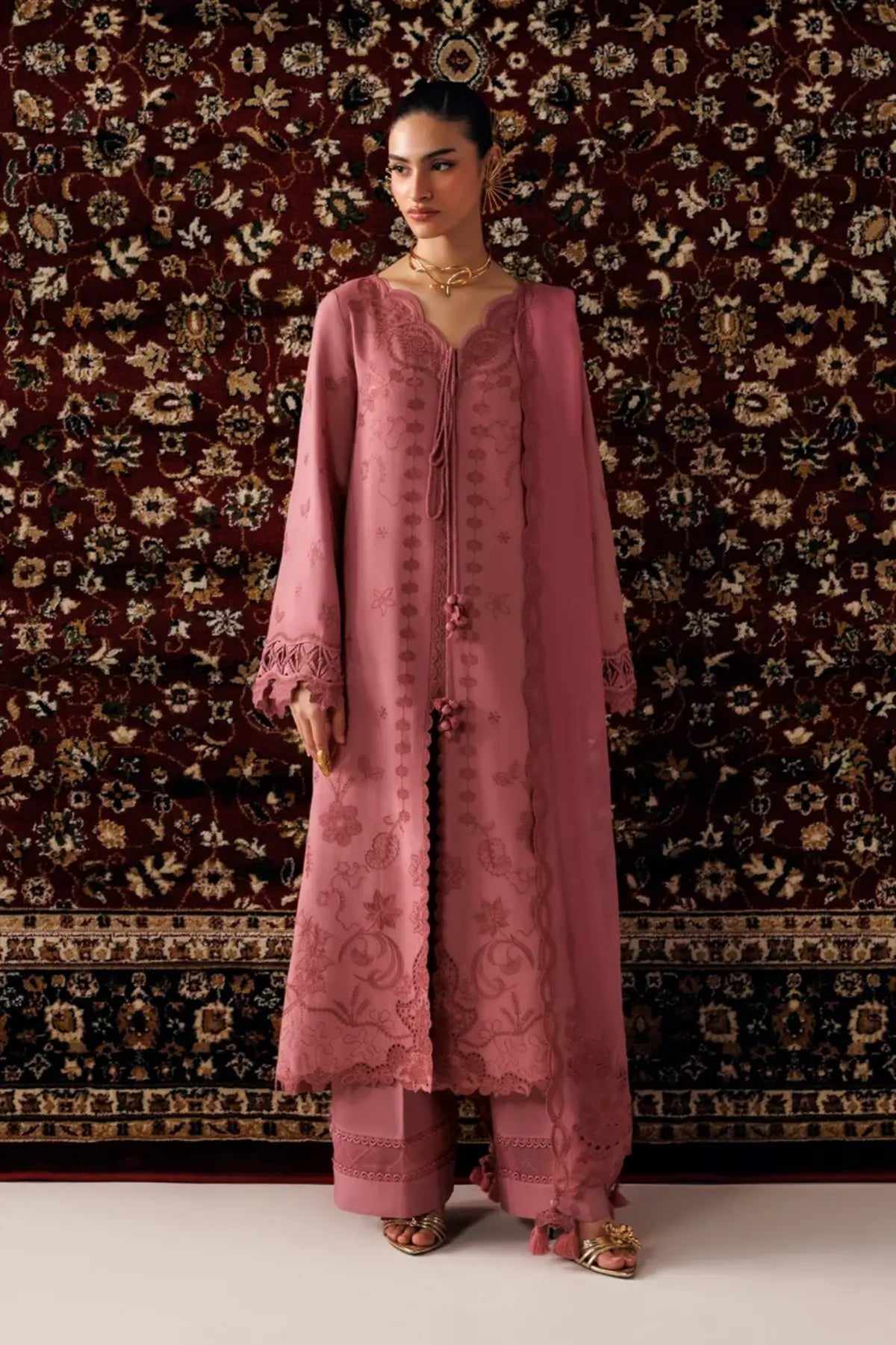 Qalamkar QLW-13 Daniya dusty rose embroidered linen stitched suit with chiffon dupatta
