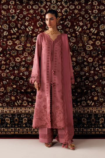 Qalamkar QLW-13 Daniya dusty rose embroidered linen stitched suit with chiffon dupatta