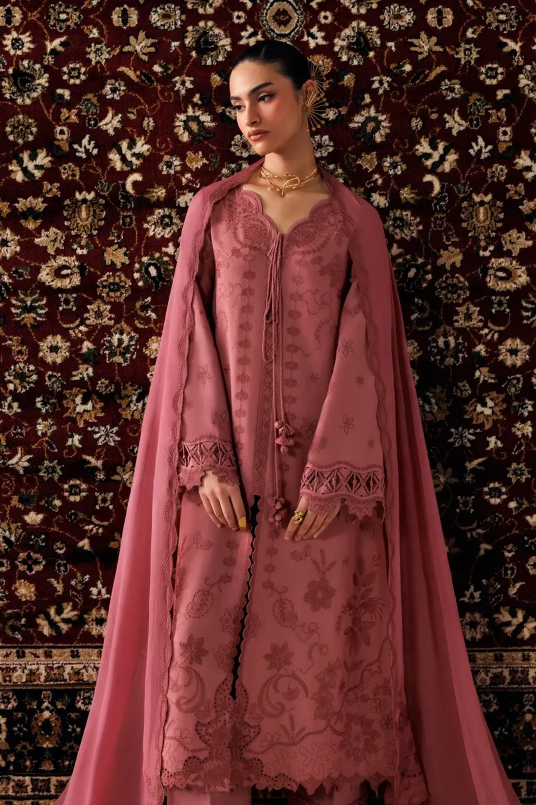 Qalamkar QLW-13 Daniya dusty rose embroidered linen stitched suit with chiffon dupatta