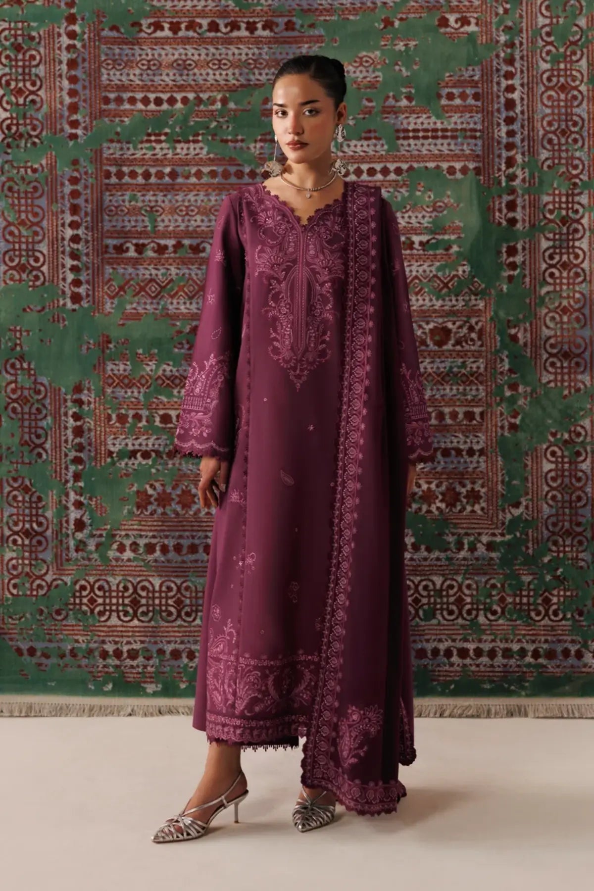 Qalamkar QLW-14 Farwa plum embroidered linen stitched 3PC suit with matching linen shawl