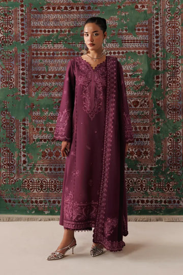 Qalamkar QLW-14 Farwa plum embroidered linen stitched 3PC suit with matching linen shawl