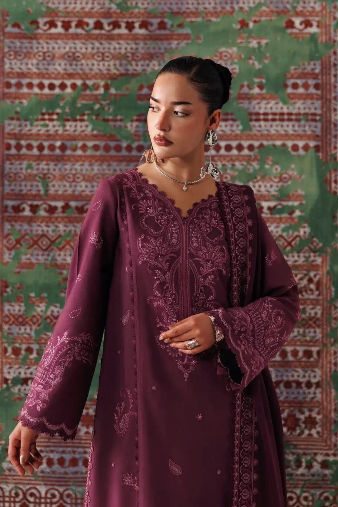 Qalamkar QLW-14 Farwa plum embroidered linen stitched 3PC suit with matching linen shawl