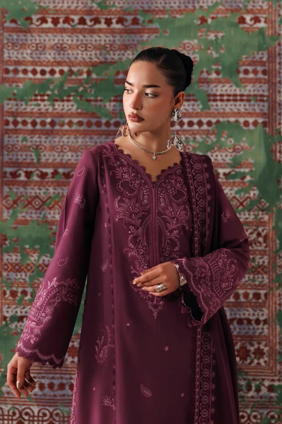 Qalamkar QLW-14 Farwa plum embroidered linen stitched 3PC suit with matching linen shawl