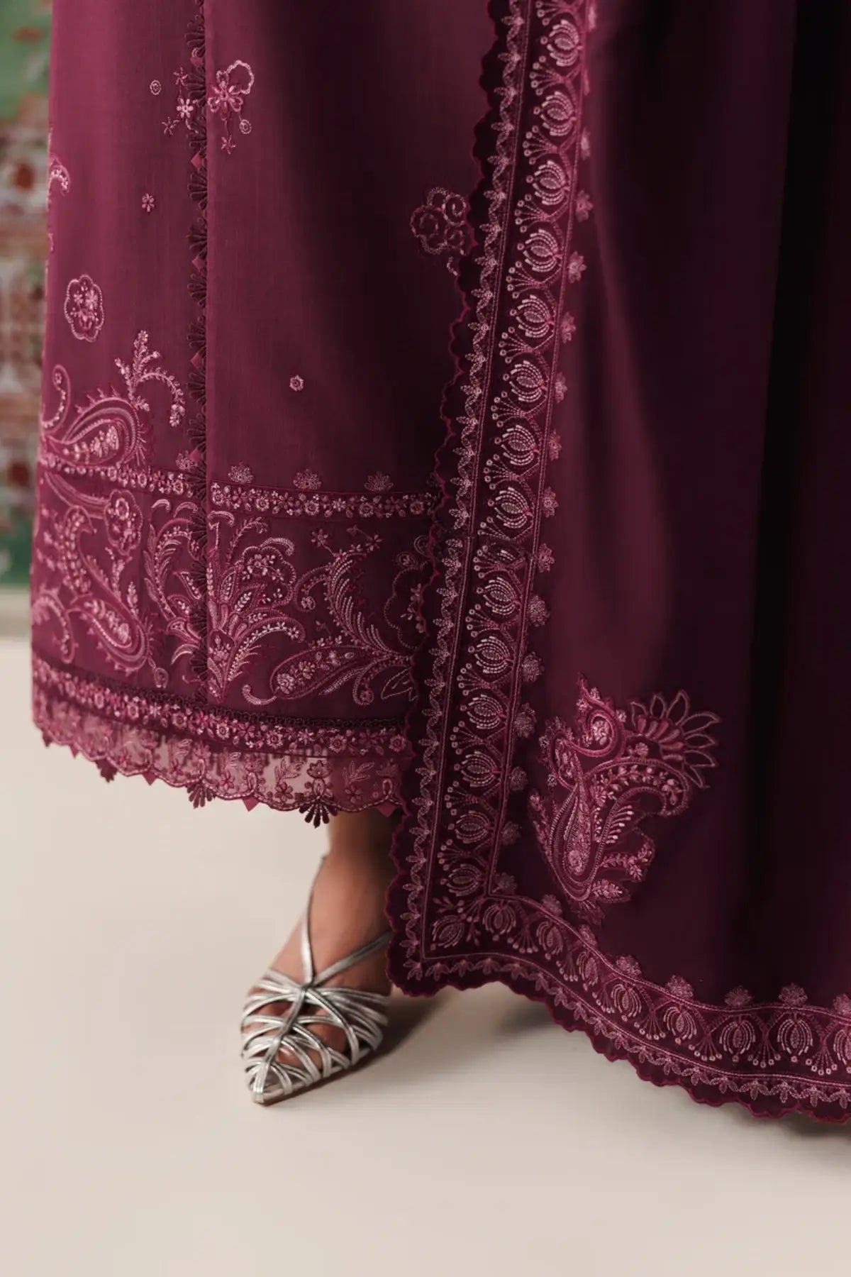 Qalamkar QLW-14 Farwa plum embroidered linen stitched 3PC suit with matching linen shawl