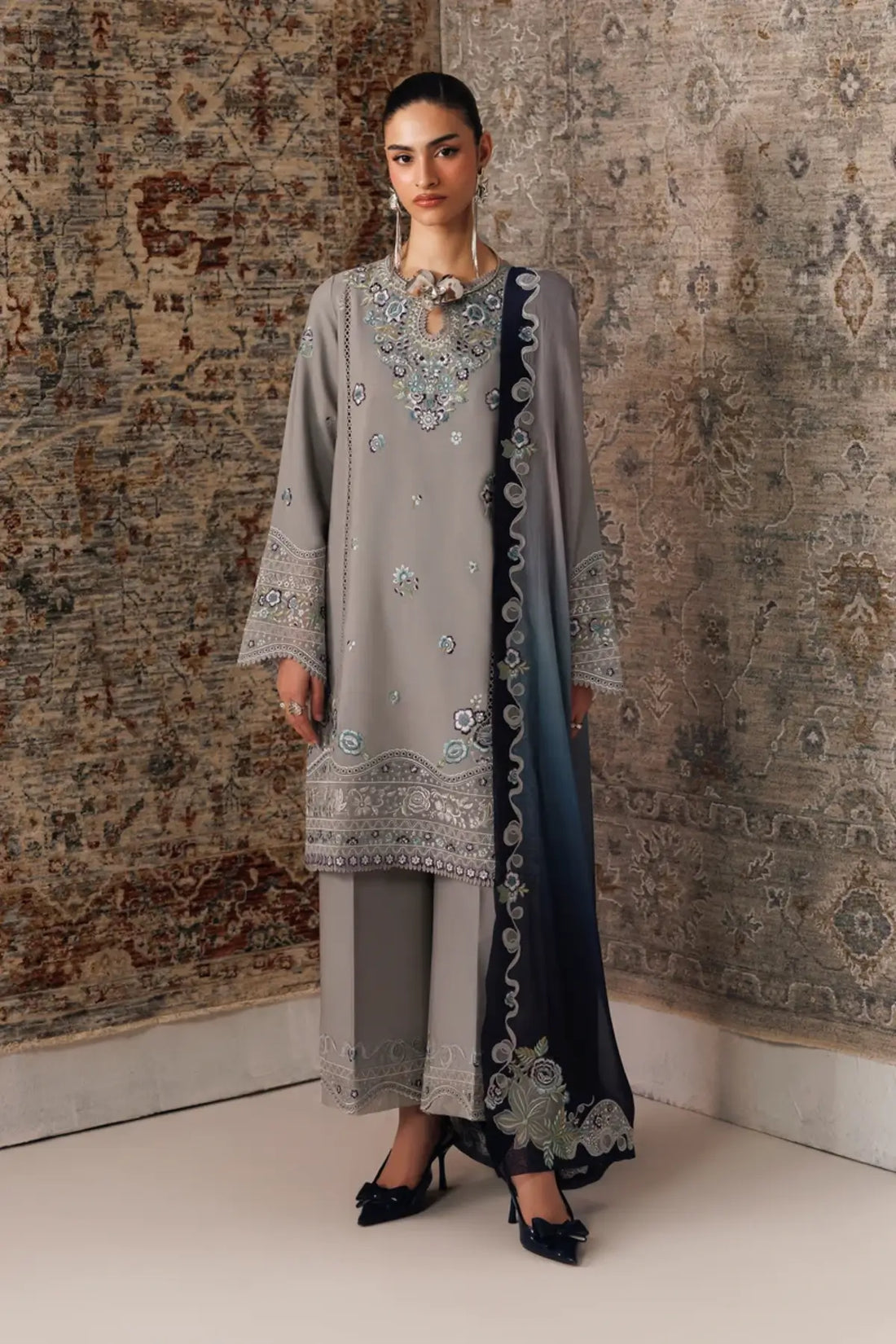 Qalamkar QLW-15 Gina grey embroidered linen stitched suit with contrasting chiffon dupatta