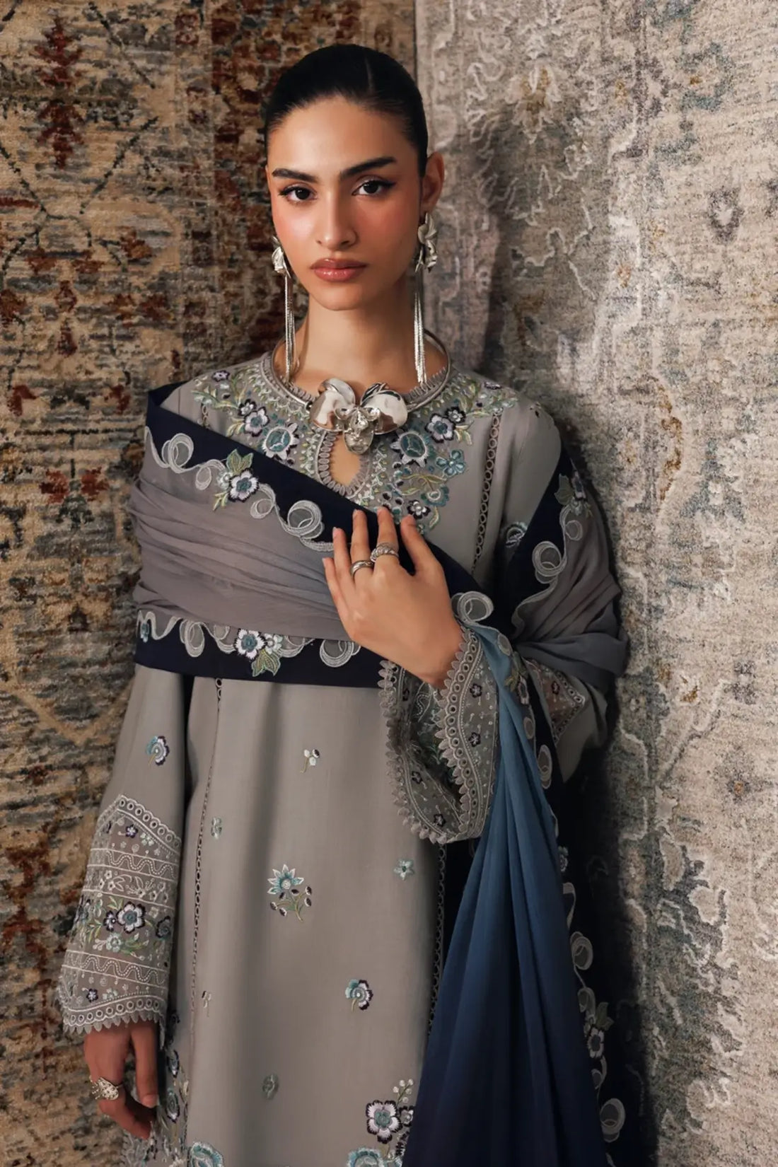 Qalamkar QLW-15 Gina grey embroidered linen stitched suit with contrasting chiffon dupatta