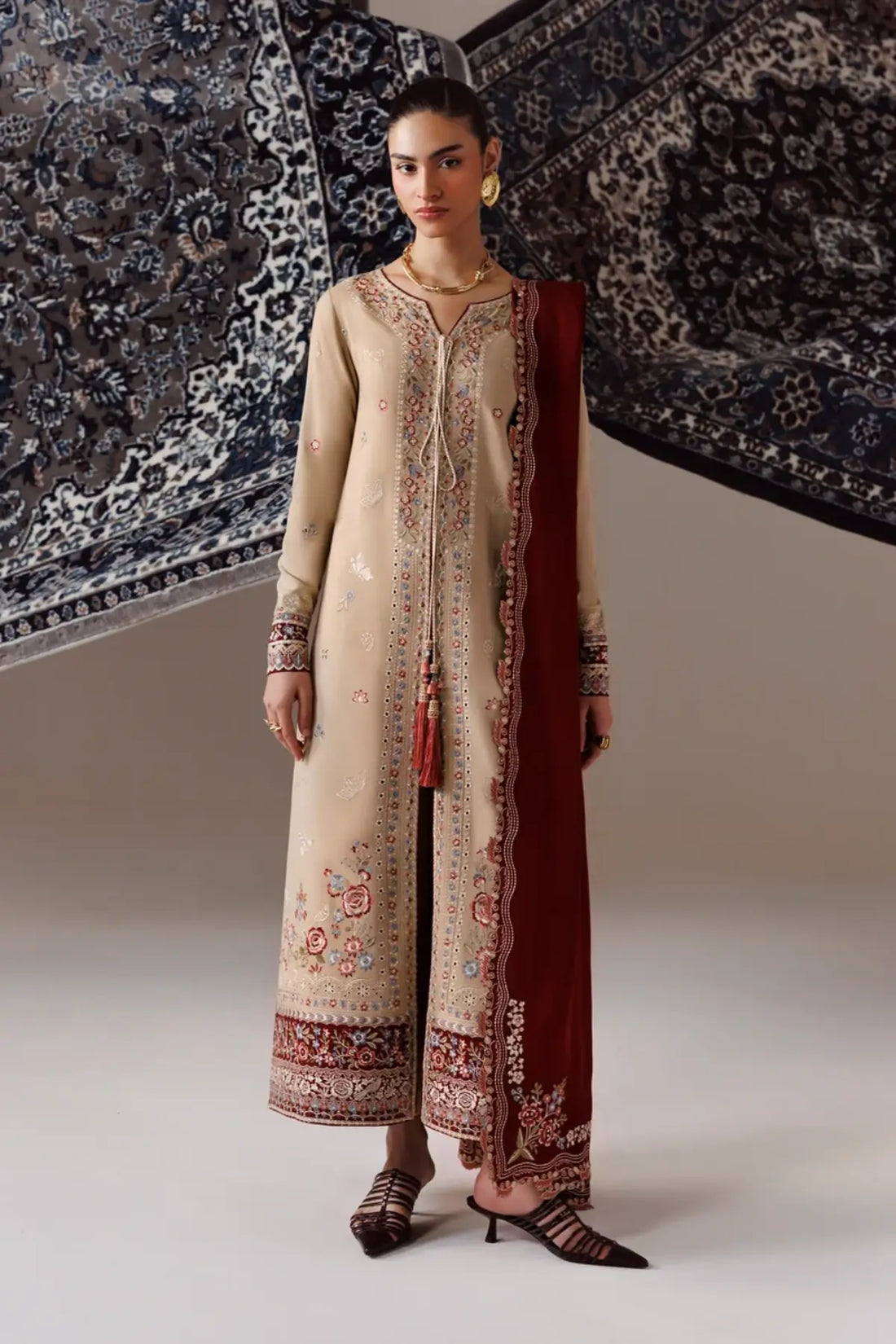 Qalamkar QLW-16 Hamna beige embroidered linen stitched suit with contrasting embroidered linen shawl