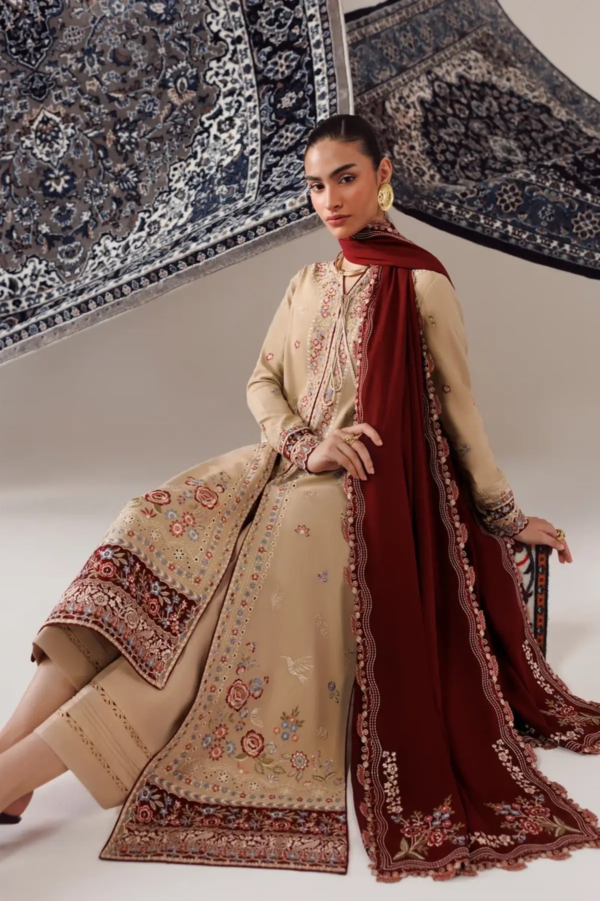 Qalamkar QLW-16 Hamna beige embroidered linen stitched suit with contrasting embroidered linen shawl