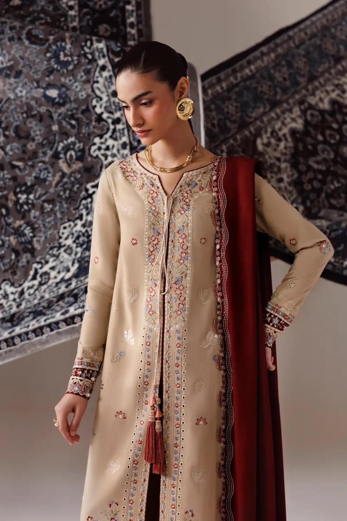 Qalamkar QLW-16 Hamna beige embroidered linen stitched suit with contrasting embroidered linen shawl