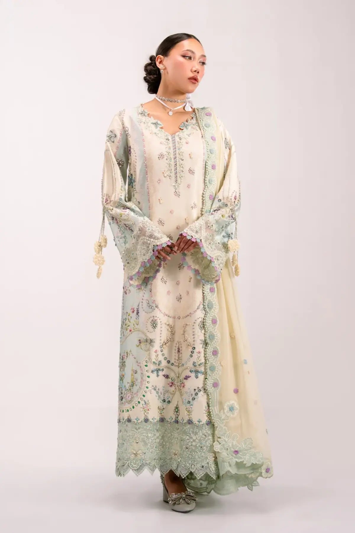 QSL-01 Azure ivory Charmeuse silk stitched 3PC suit with handmade embroidery, chiffon dupatta and raw silk trouser.