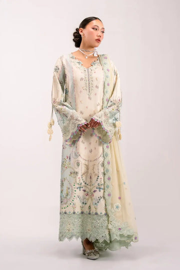 QSL-01 Azure ivory Charmeuse silk stitched 3PC suit with handmade embroidery, chiffon dupatta and raw silk trouser.