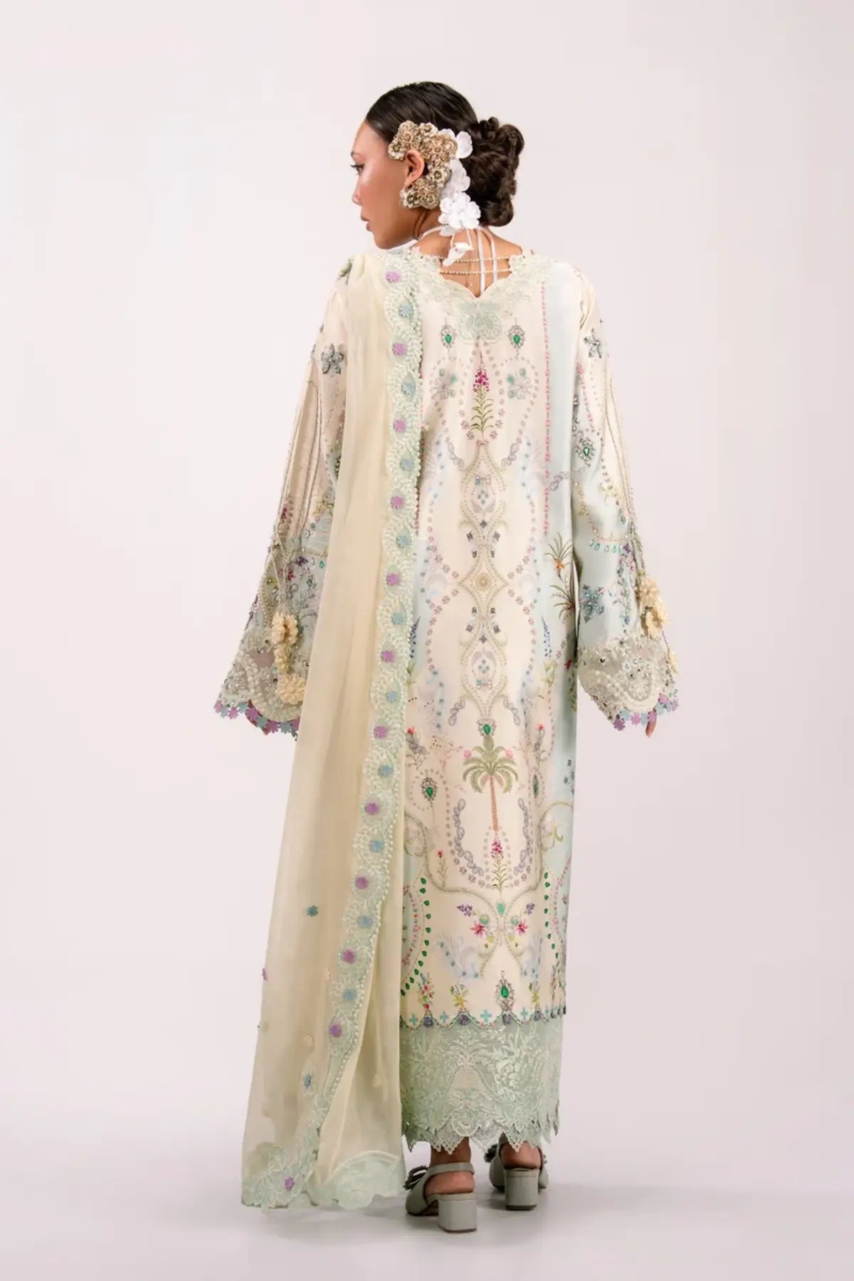 QSL-01 Azure ivory Charmeuse silk stitched 3PC suit with handmade embroidery, chiffon dupatta and raw silk trouser.